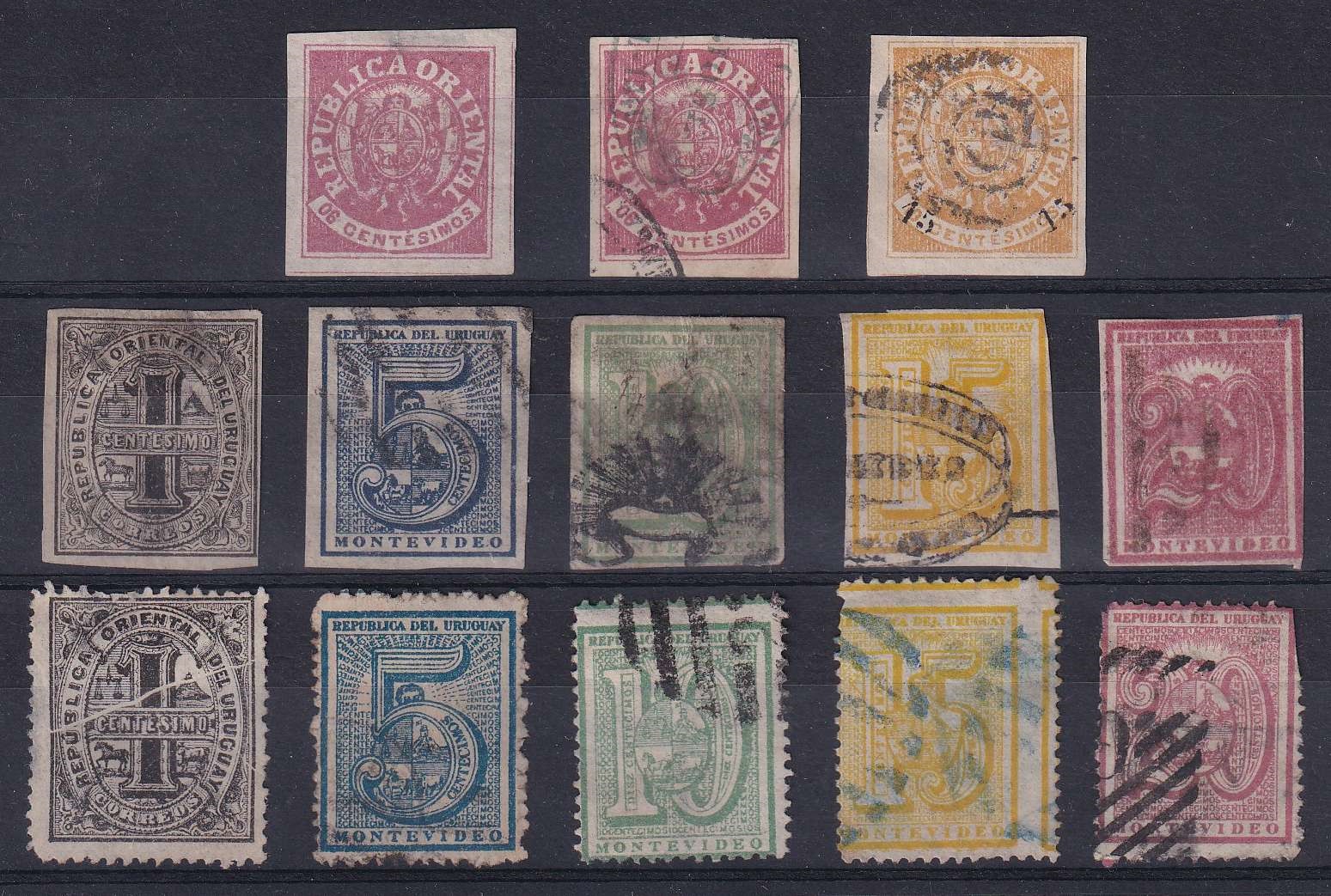 Uruguay 1864 — Scott 18 (2x), 26 & 29-38 full sets