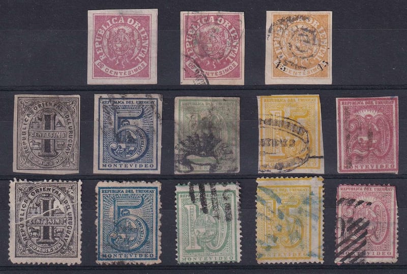 Uruguay 1864 — Scott 18 (2x), 26 & 29-38 full sets