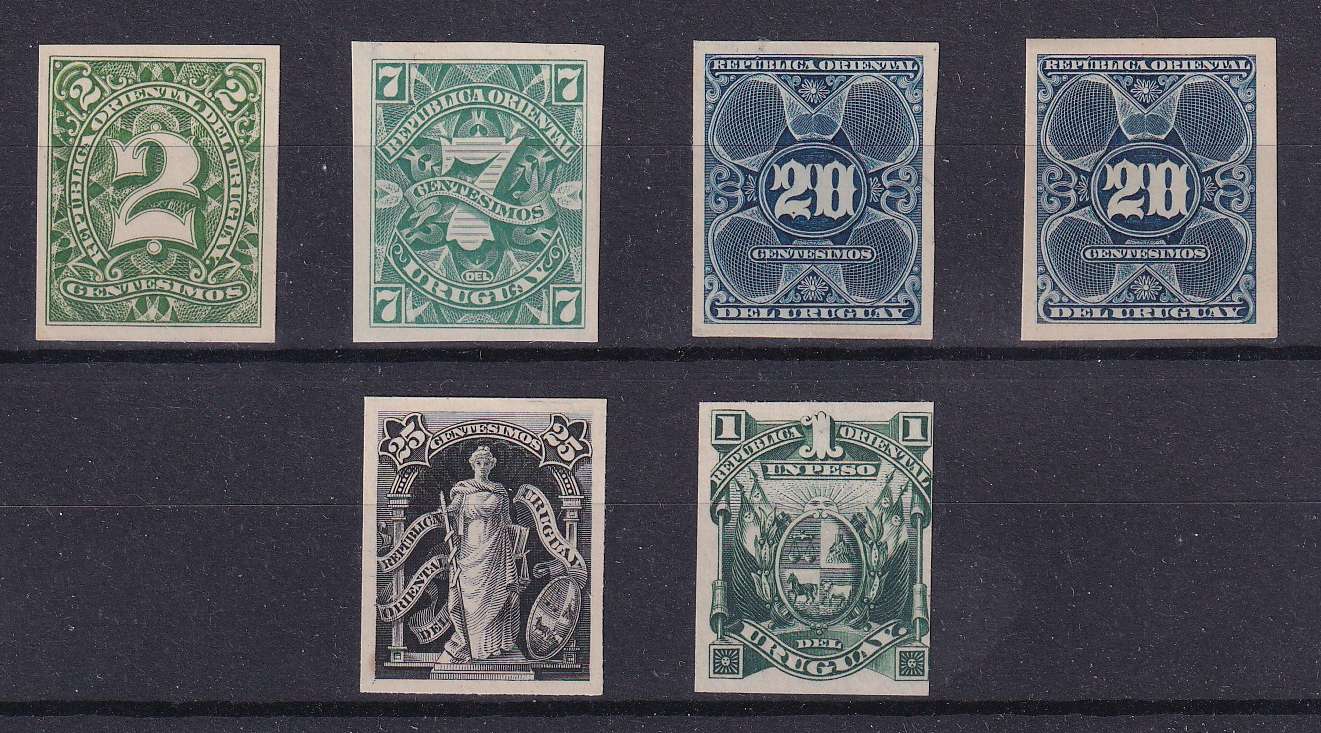 Uruguay 1889 — Scott 76, 81, 86 (2x), 89 & 95 top value