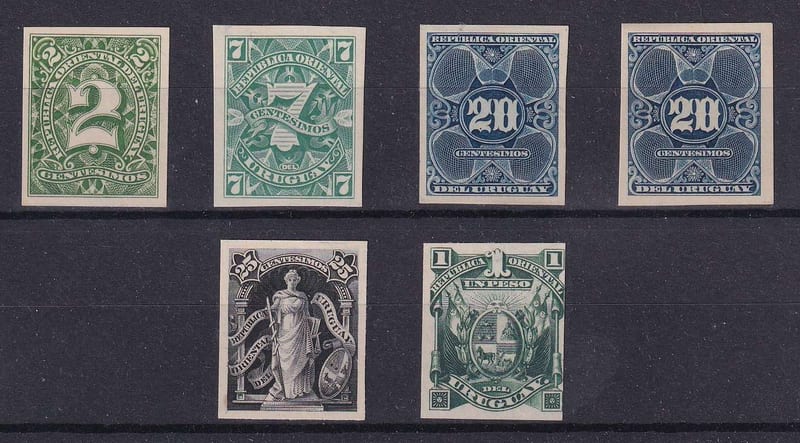 Uruguay 1889 — Scott 76, 81, 86 (2x), 89 & 95 top value