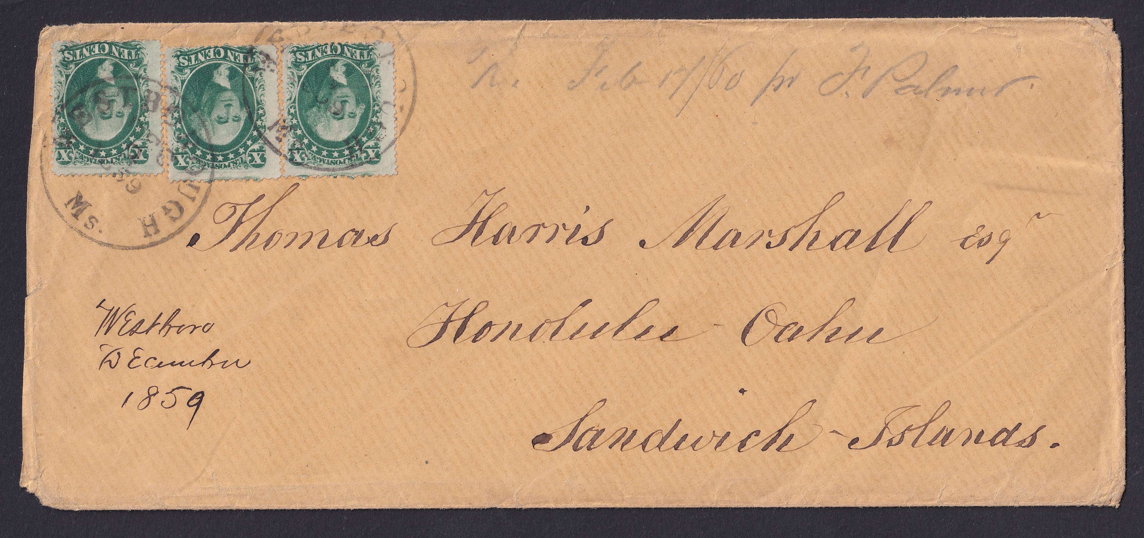 United States 1859 — Scott 35 three singles on cover from West Borough, Ms to the Sandwich Islands in Hawaii