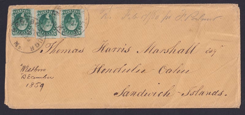 United States 1859 — Scott 35 three singles on cover from West Borough, Ms to the Sandwich Islands in Hawaii