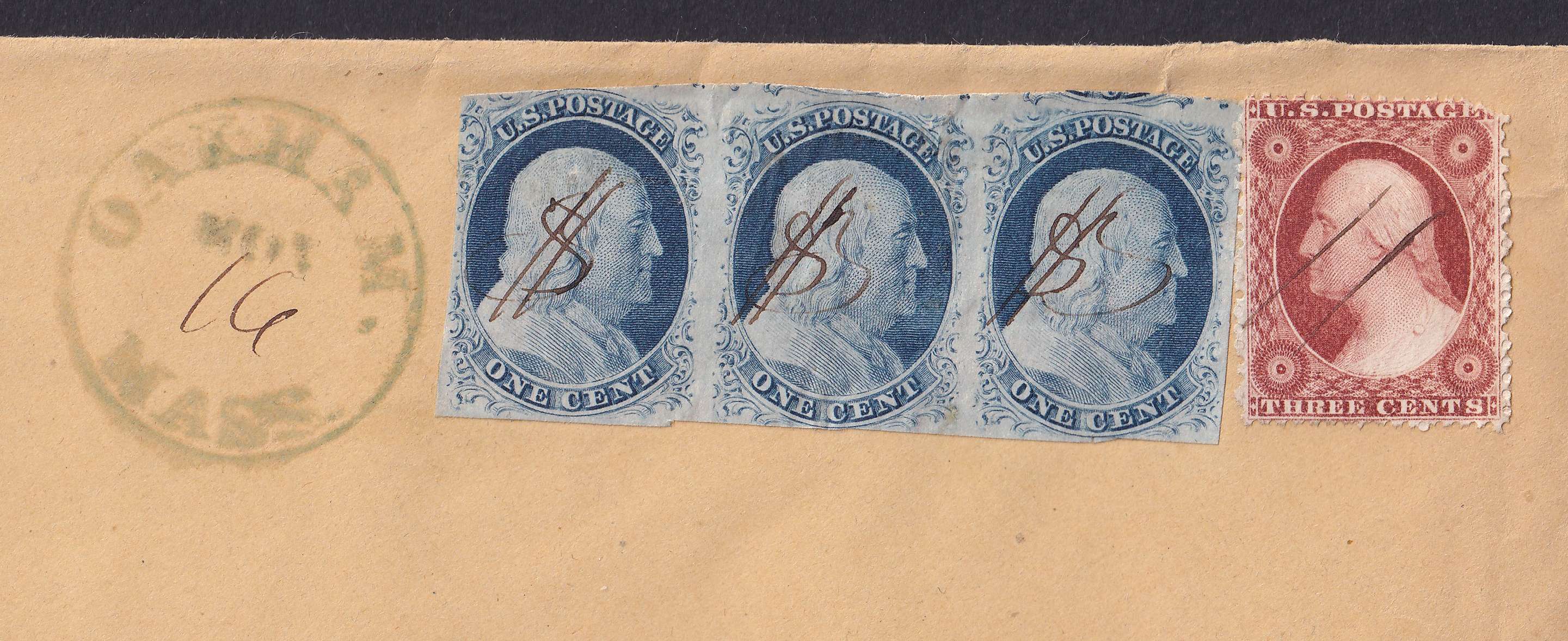 United States 1857 — Scott 9, type IV horizontal strip of three (positions 75R1L, 76R1L & 77R1L) + Scott 25…