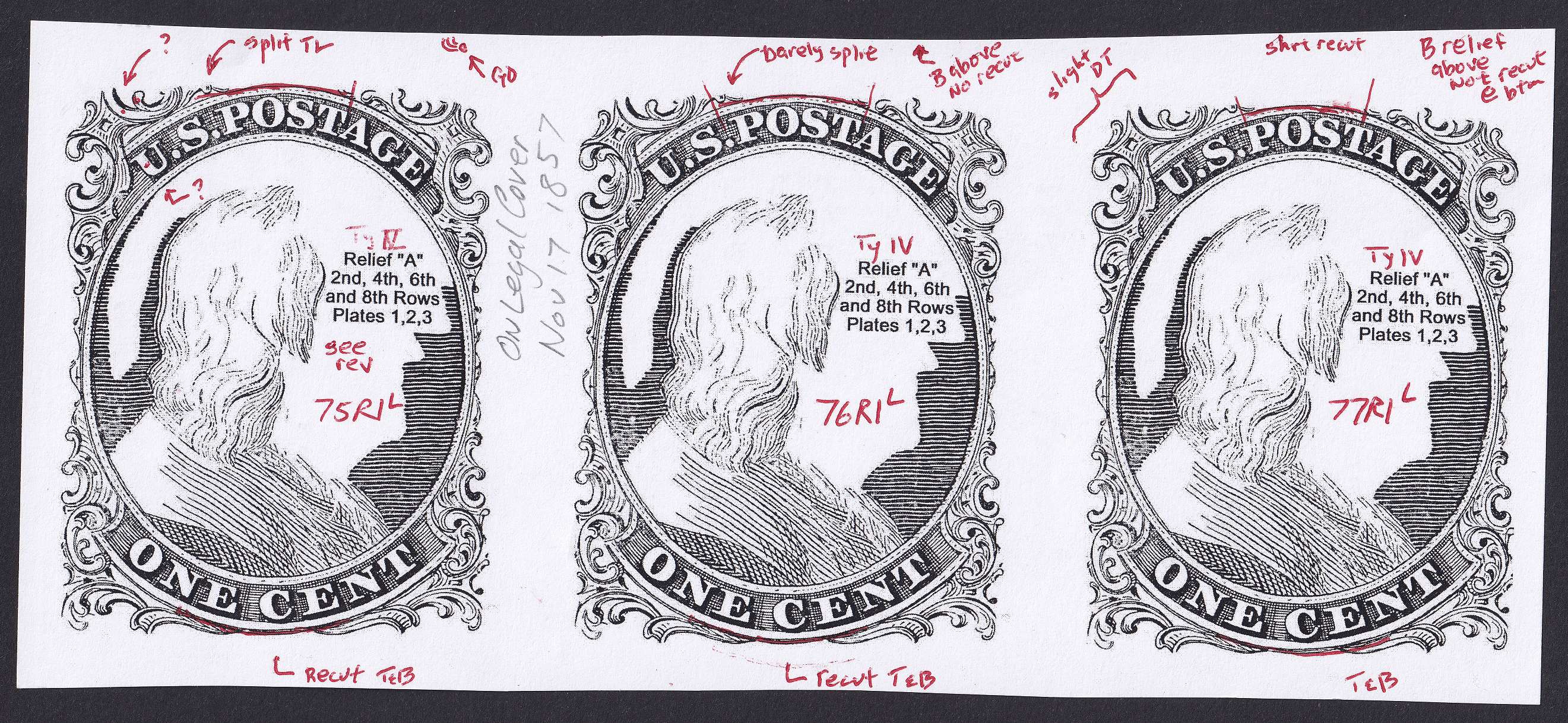 United States 1857 — Scott 9, type IV horizontal strip of three (positions 75R1L, 76R1L & 77R1L) + Scott 25…
