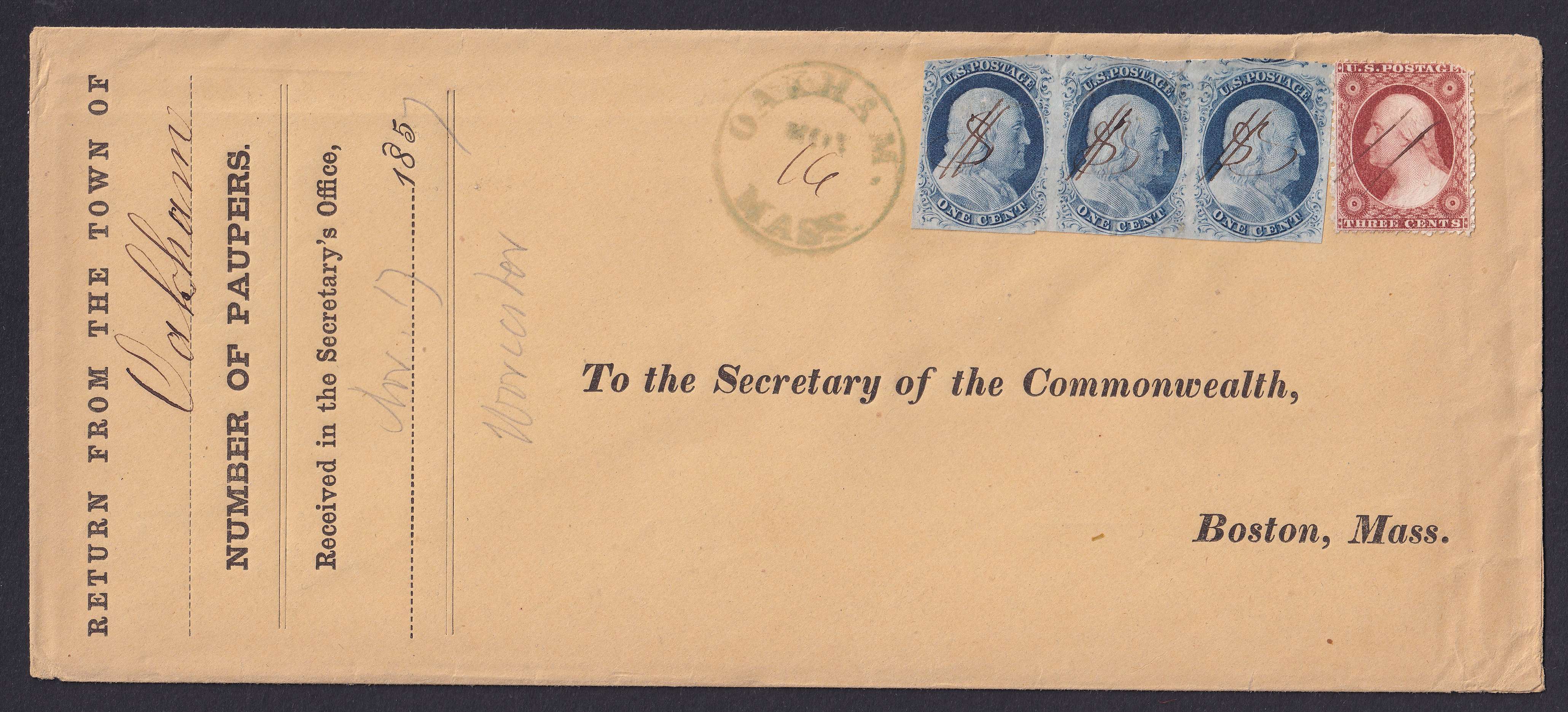 United States 1857 — Scott 9, type IV horizontal strip of three (positions 75R1L, 76R1L & 77R1L) + Scott 25…