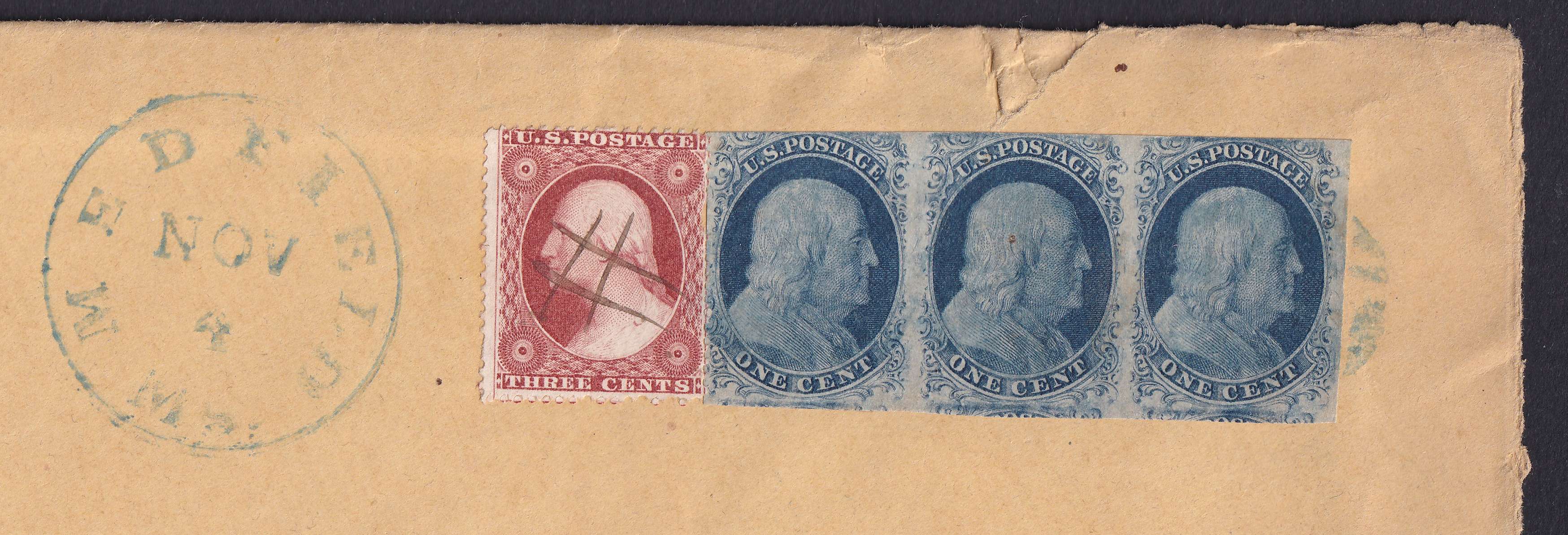 United States 1857 — Scott 7 strip of three + Scott 26 on legal envelope with pen cancel & blue circular mute…