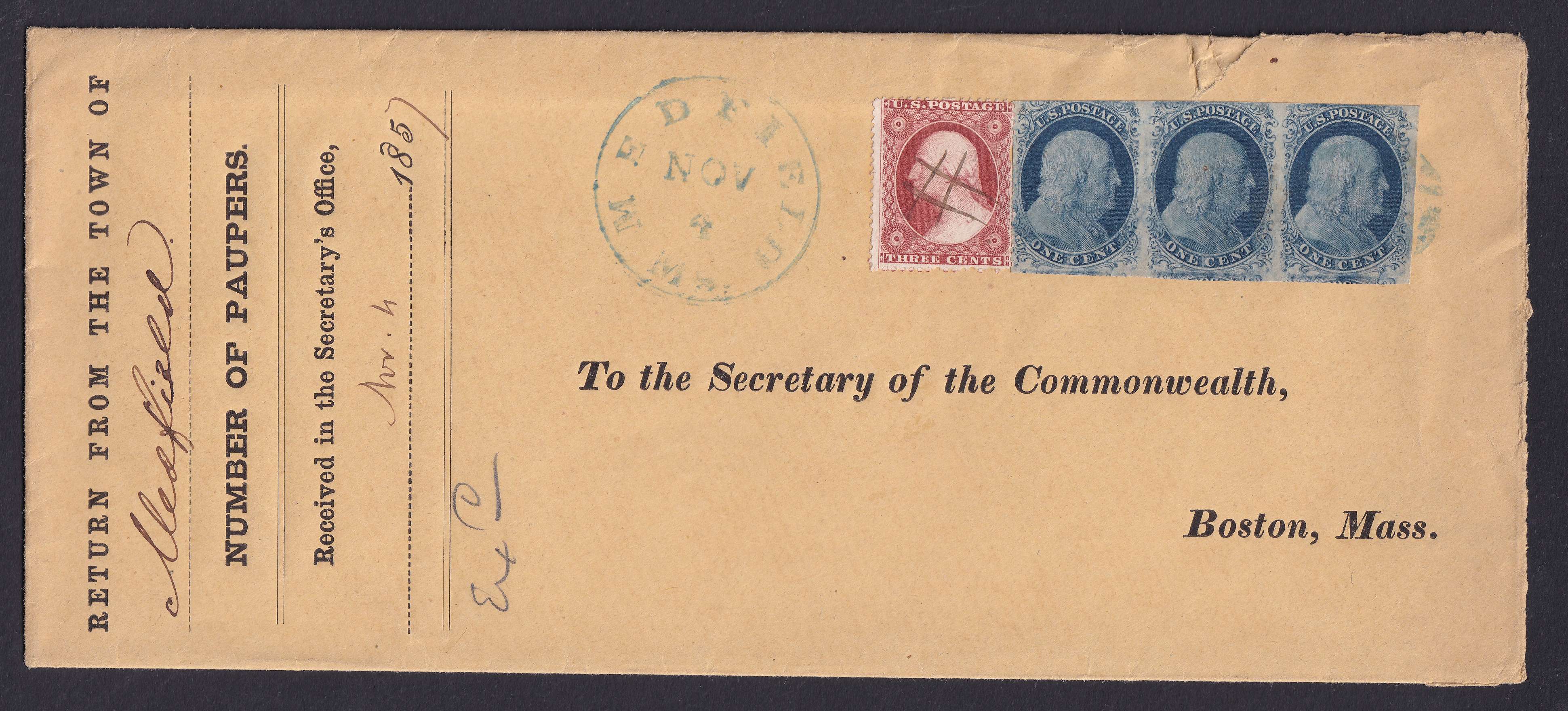 United States 1857 — Scott 7 strip of three + Scott 26 on legal envelope with pen cancel & blue circular mute…