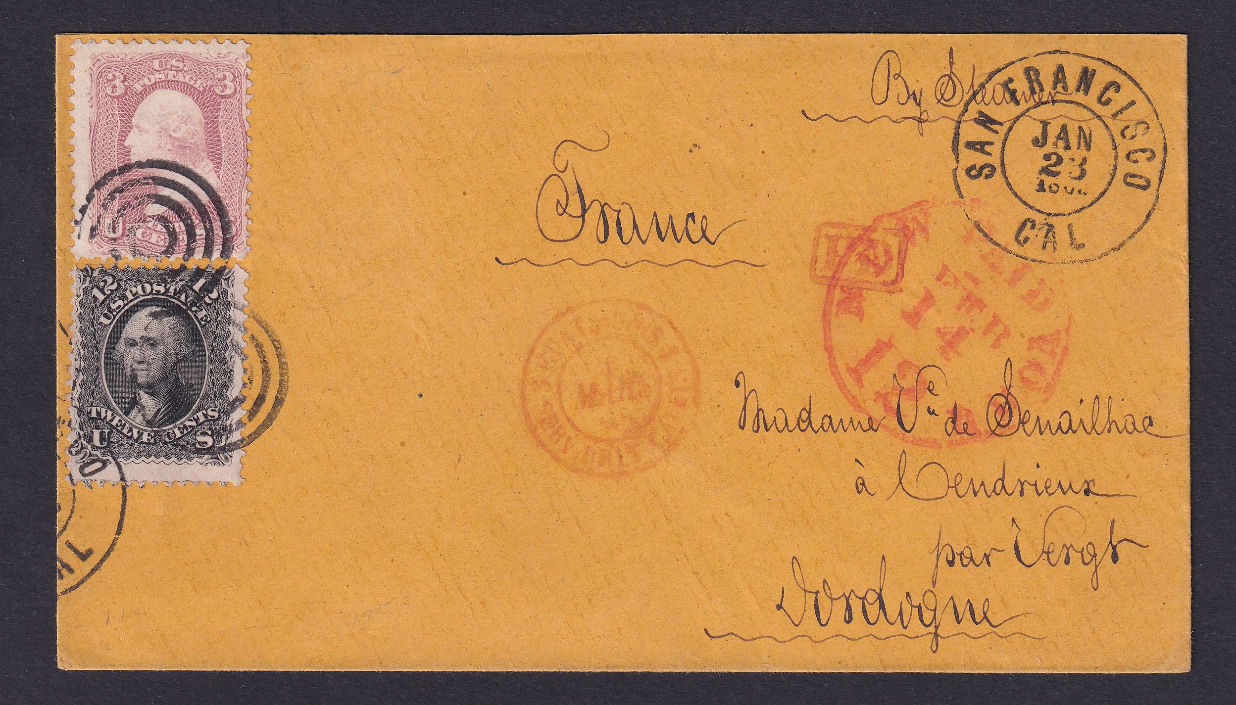 United States 1865 — Cover by Steamer to Vergt, Dordogne, France