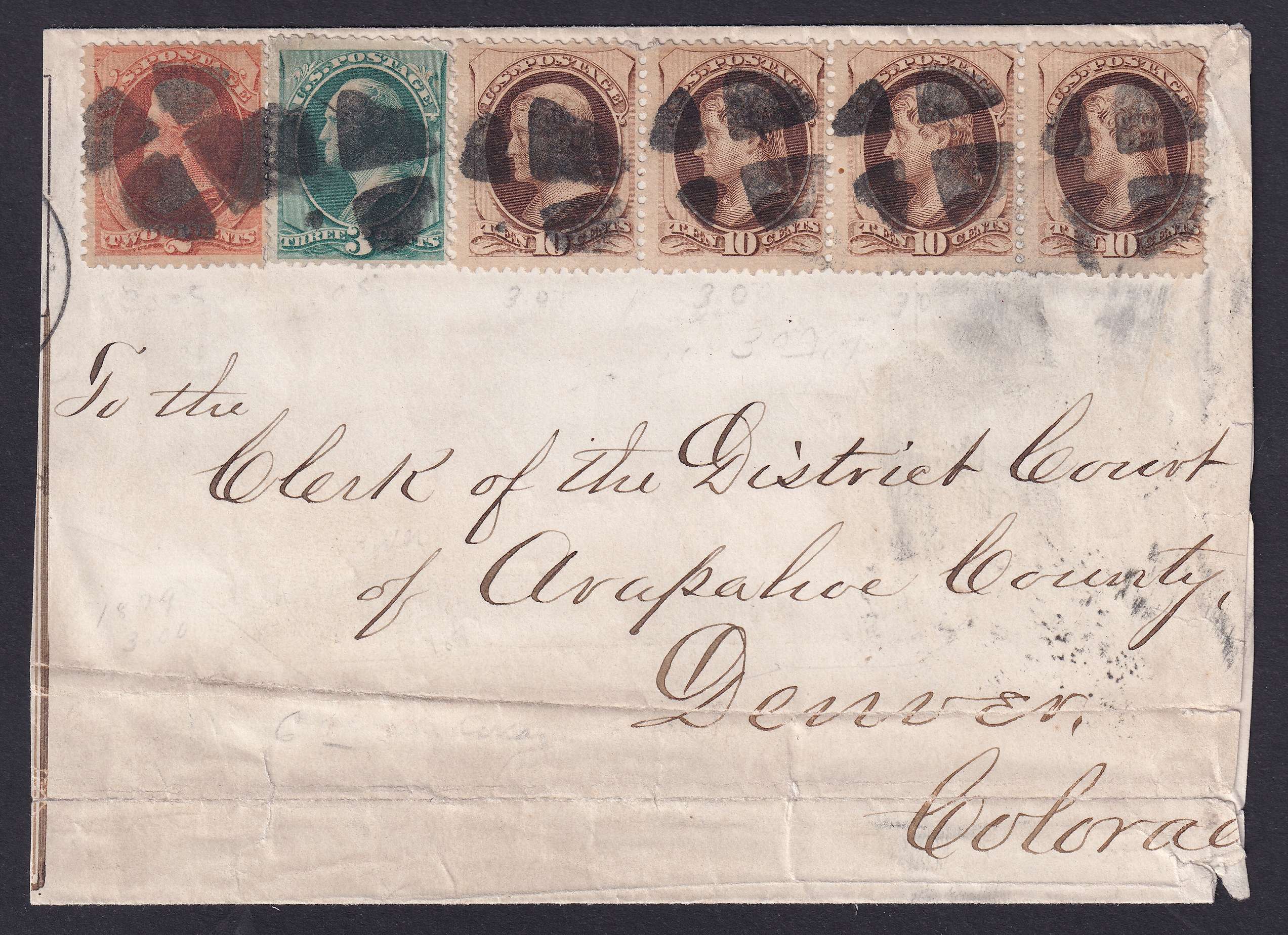 United States — Cover featuring a three color franking, 2c + 3c + 10c Strip OF Four with black mute…
