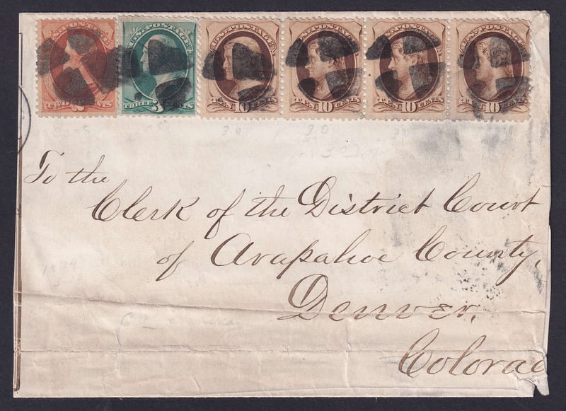 United States — Cover featuring a three color franking, 2c + 3c + 10c Strip OF Four with black mute…