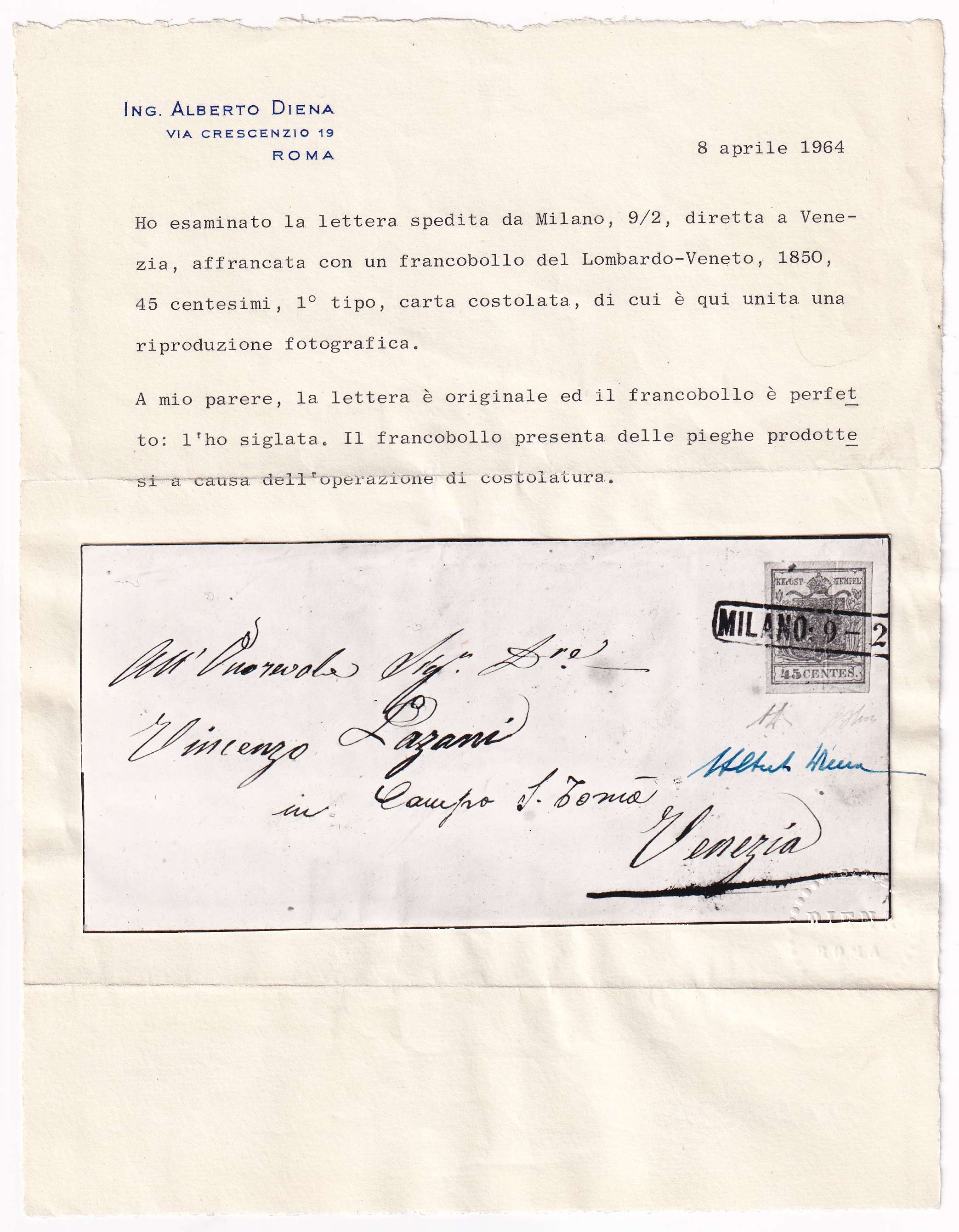 Austria 1850 — Letter sheet with Scott 6d type I, ribbed paper