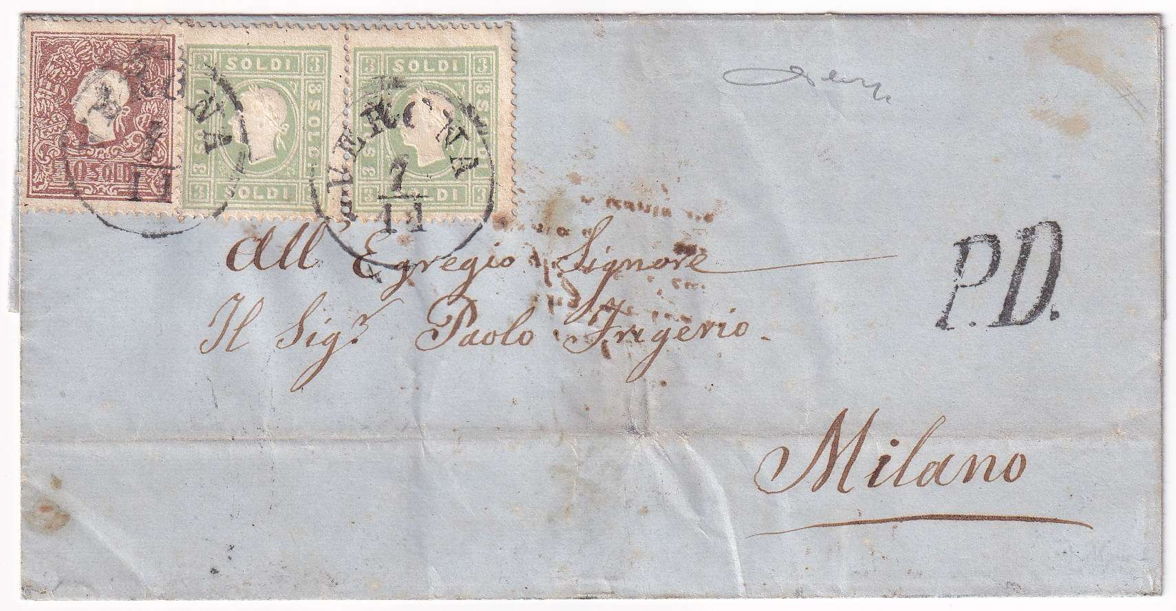 Austria 1862 — Letter sheet with Scott 9 type II pair & 11 Type II For A 16 Soldi franking tied by…