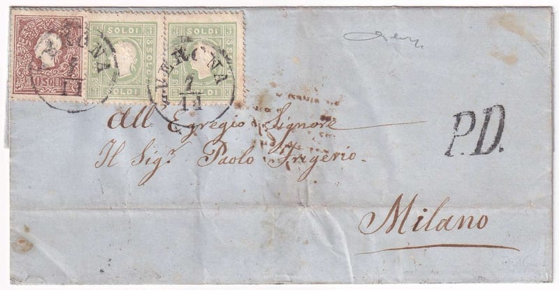 Austria 1862 — Letter sheet with Scott 9 type II pair & 11 Type II For A 16 Soldi franking tied…