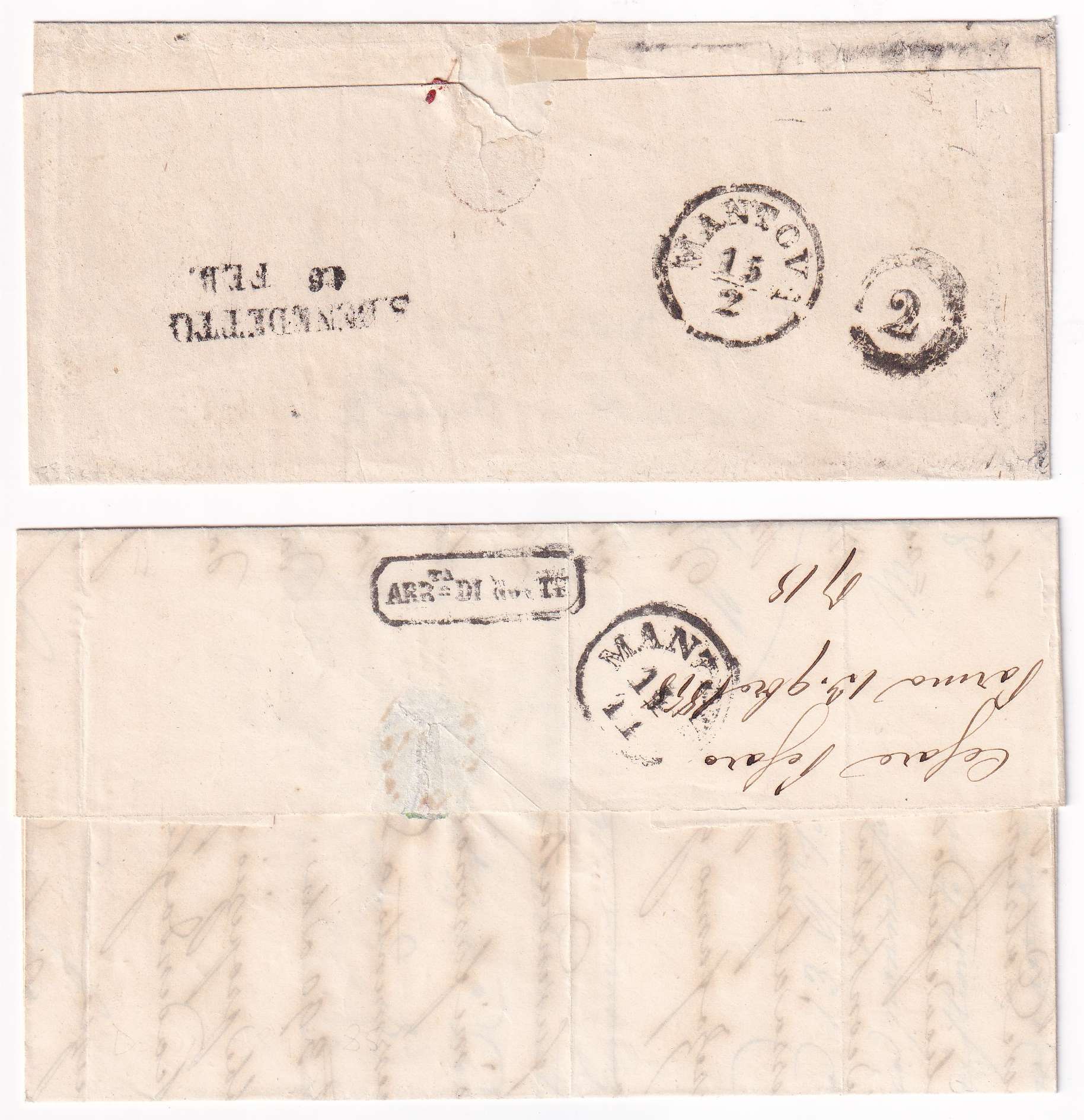 Italy 1857 — Scott 3 two singles, one marginal on separate letters "Parma" 14 Feb 57 & "Parma" 13 Nov…