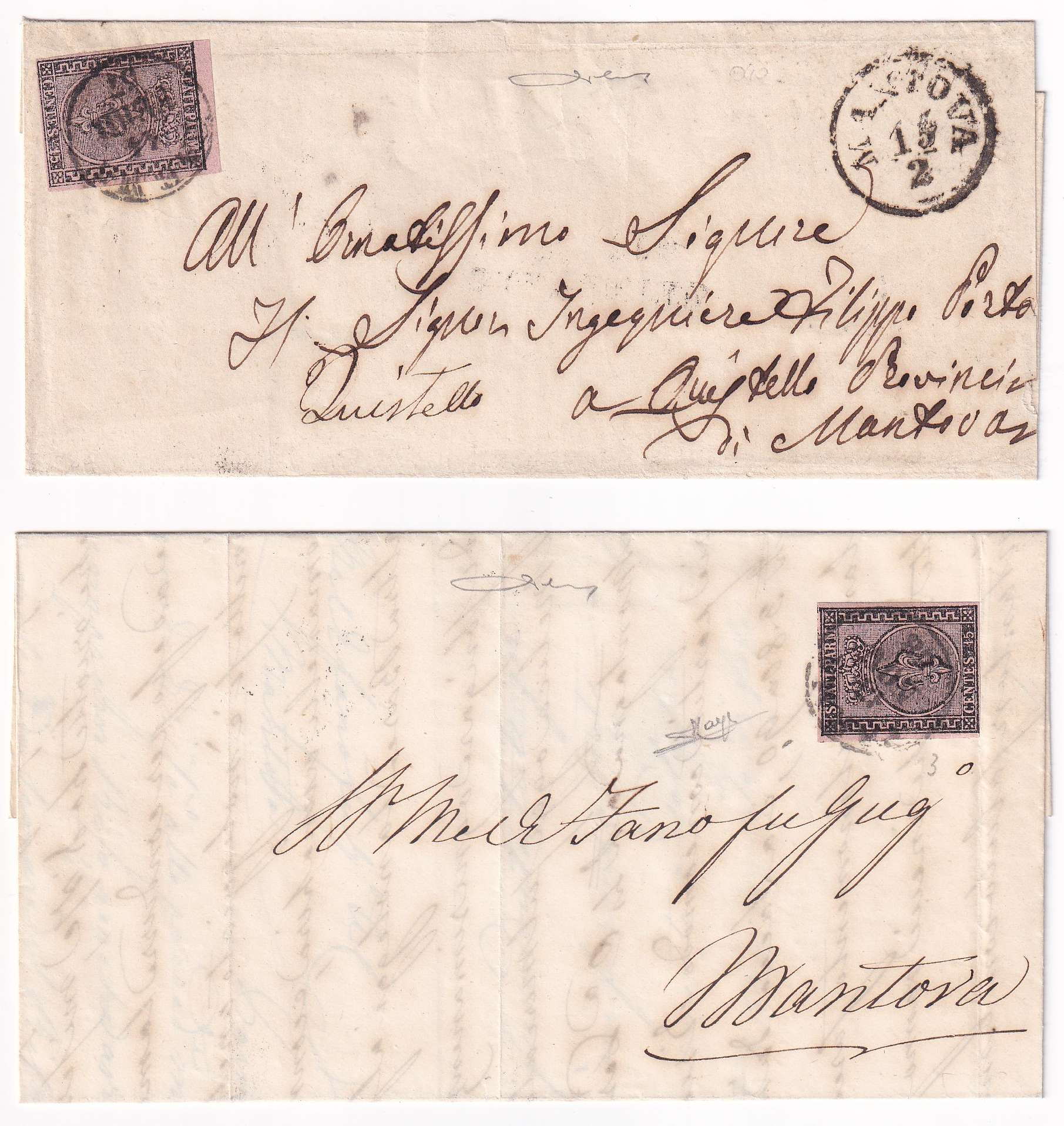 Italy 1857 — Scott 3 two singles, one marginal on separate letters "Parma" 14 Feb 57 & "Parma" 13 Nov…