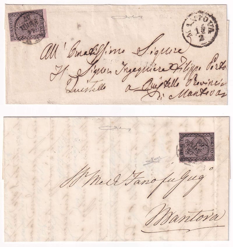 Italy 1857 — Scott 3 two singles, one marginal on separate letters "Parma" 14 Feb 57 & "Parma" 13 Nov…