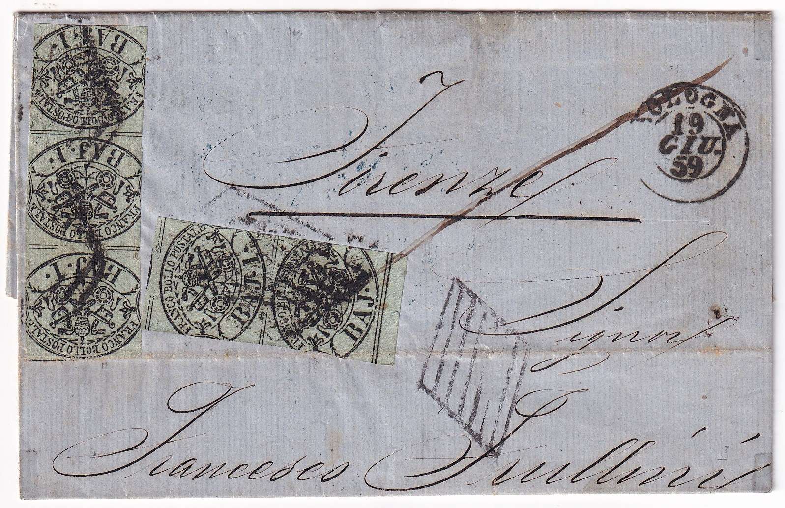 Italy 1859 — Scott 2 strip of three pair on entire letter sheet, Bologna to Firenze with arrival…