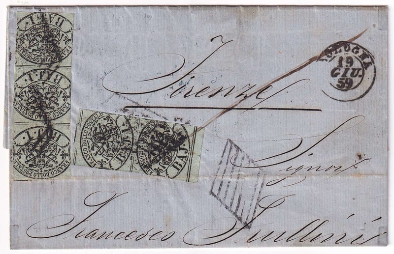 Italy 1859 — Scott 2 strip of three pair on entire letter sheet, Bologna to Firenze with arrival…