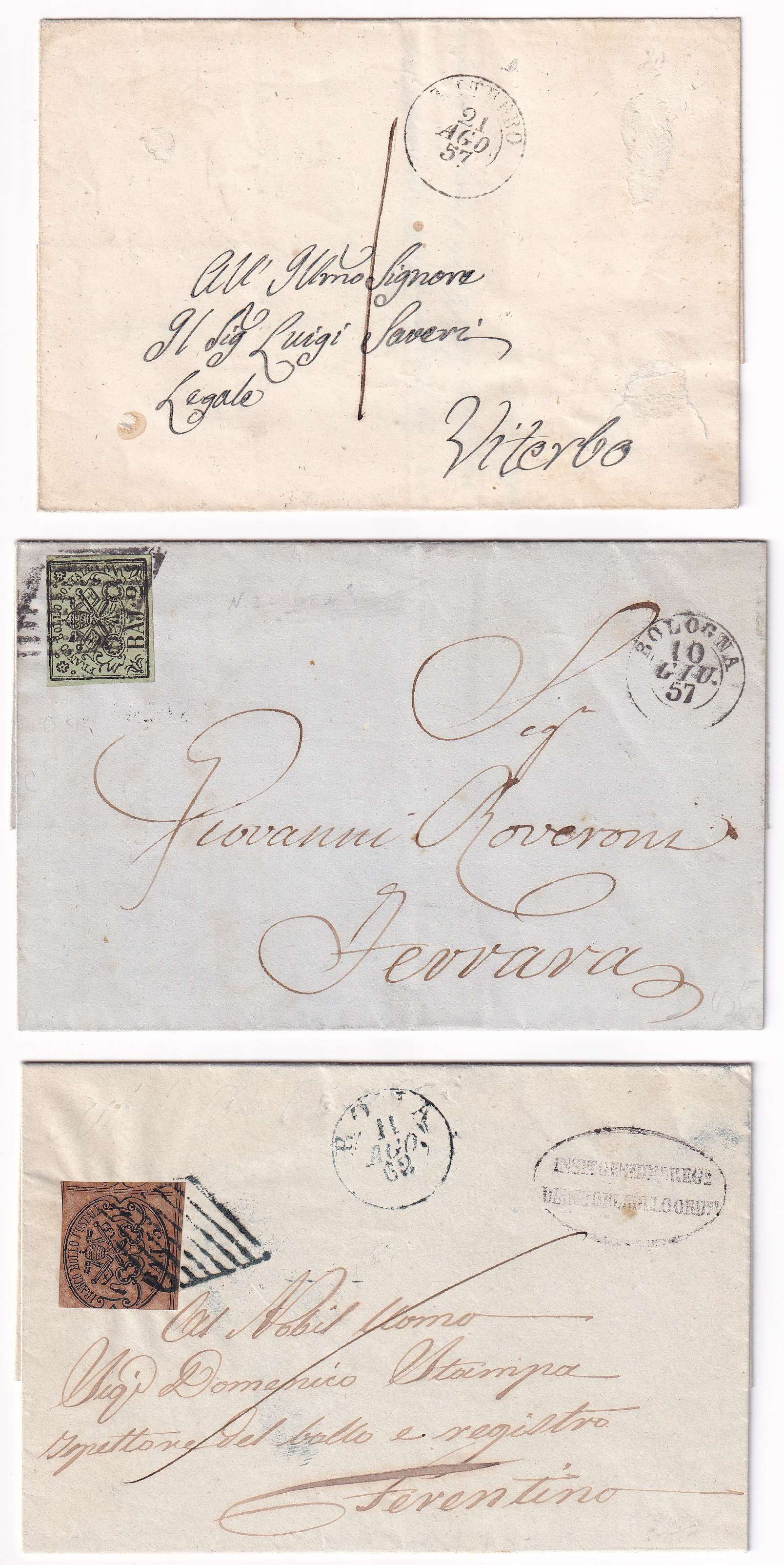 Italy 1857 — Group of three entire letter sheets with Scott 2a, 3 & 4