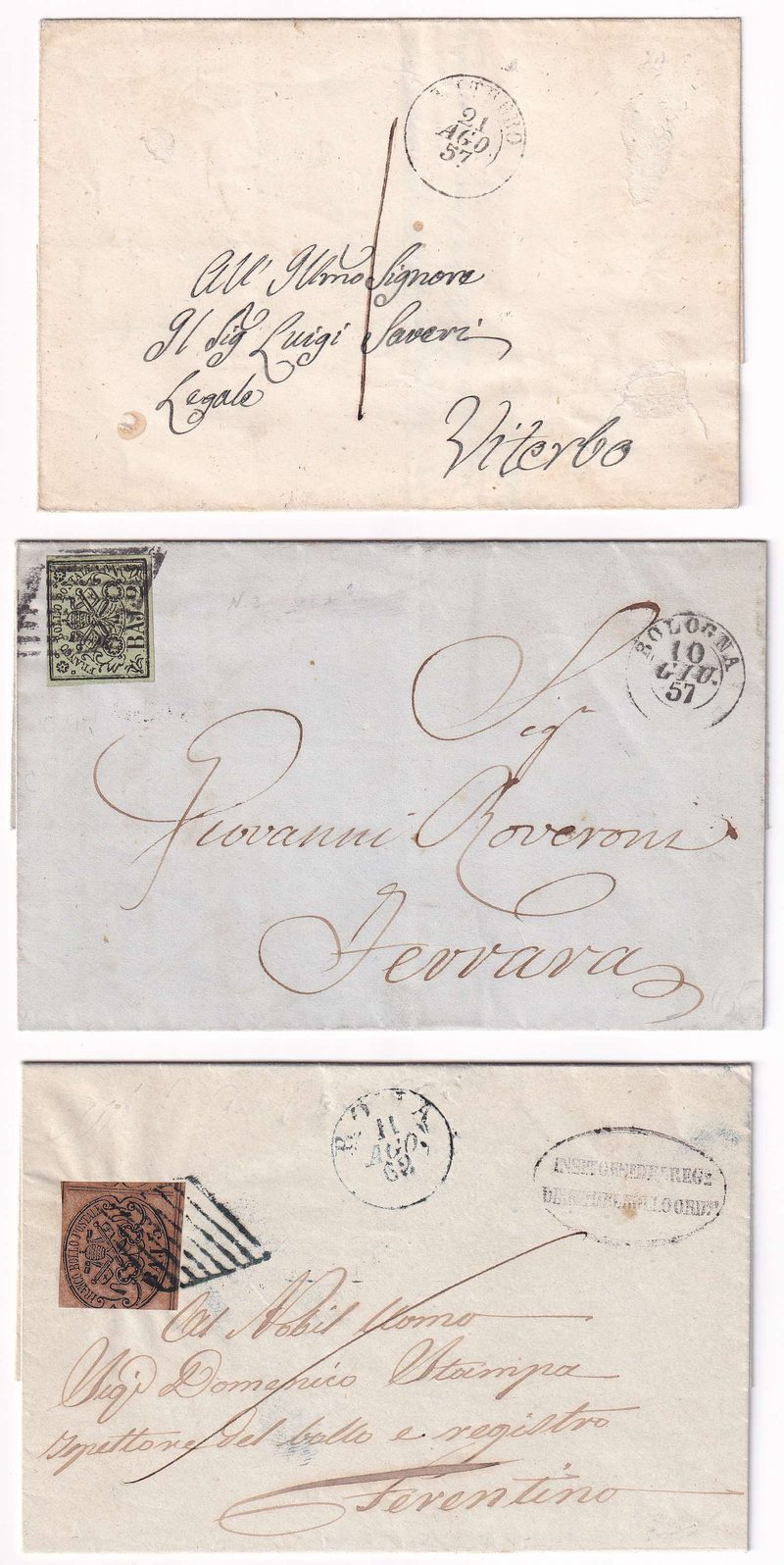 Italy 1857 — Group of three entire letter sheets with Scott 2a, 3 & 4