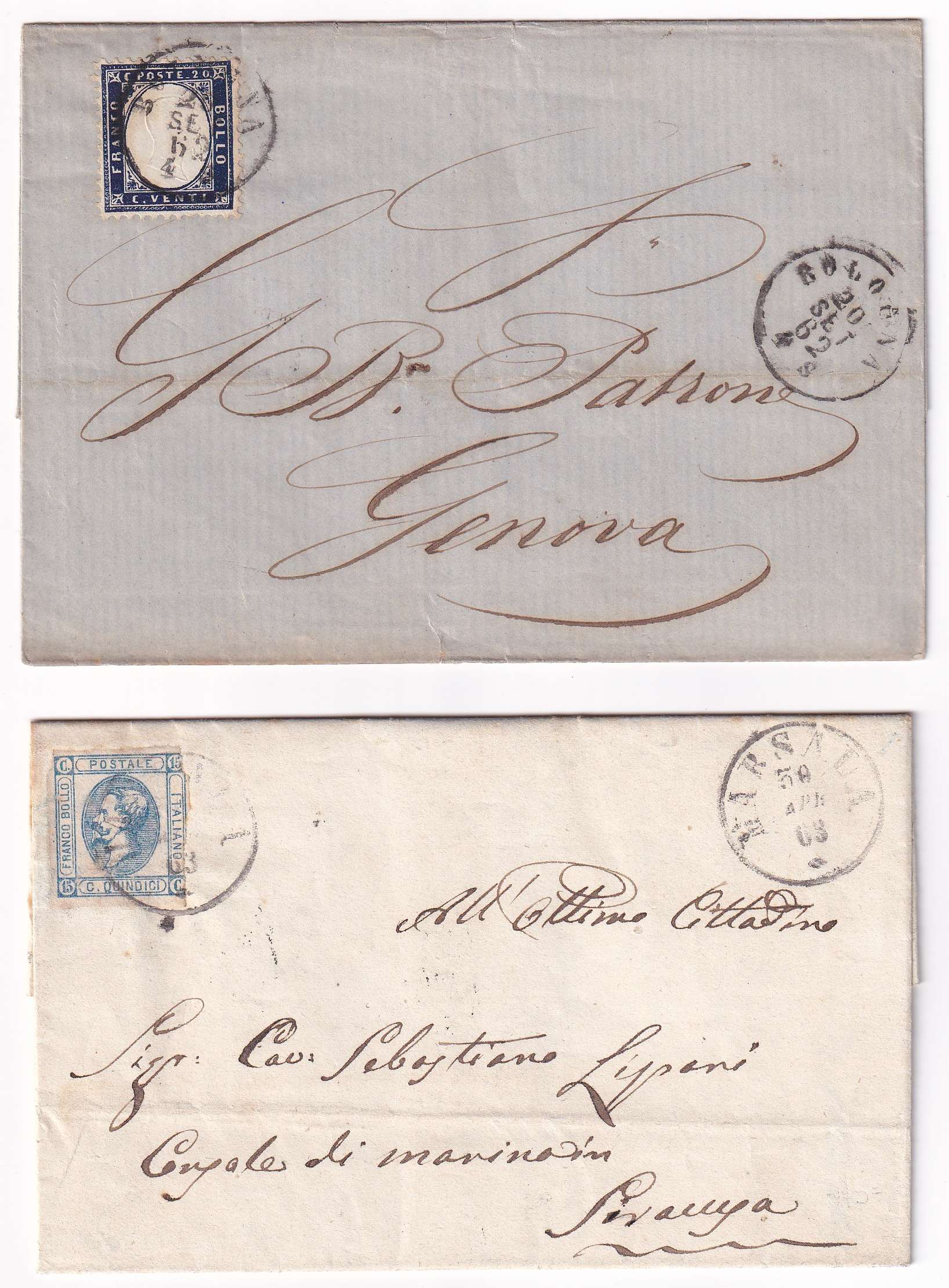 Italy 1862 — Scott 18 dark blue on Els, Bologna 20 Set 62 to Genova with arrival backstamp and Scott…
