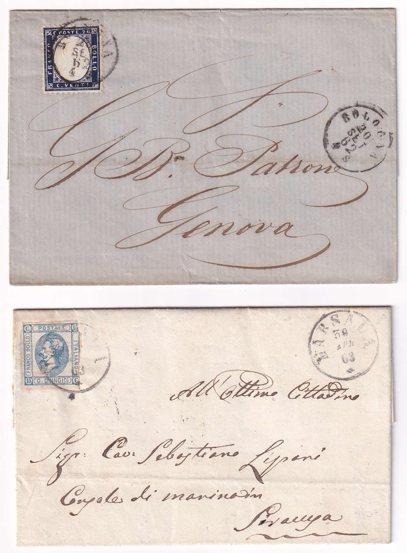 Italy 1862 — Scott 18 dark blue on Els, Bologna 20 Set 62 to Genova with arrival backstamp and Scott…
