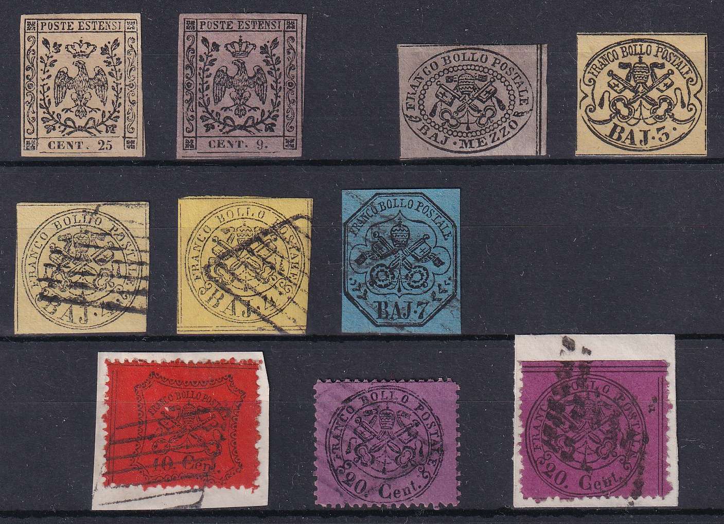 Italy 1852 — Scott 4, Pr3 and Roman States Scott 1, 4d, 5, 5a, 8, 22, 23 & 23