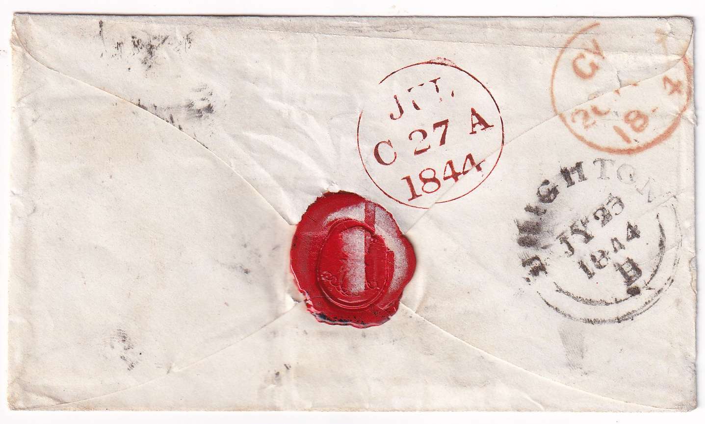 Great Britain 1844 — Envelope with Scott 3, two singles tied by numeral "132" cancel, Brighton to Edinburgh