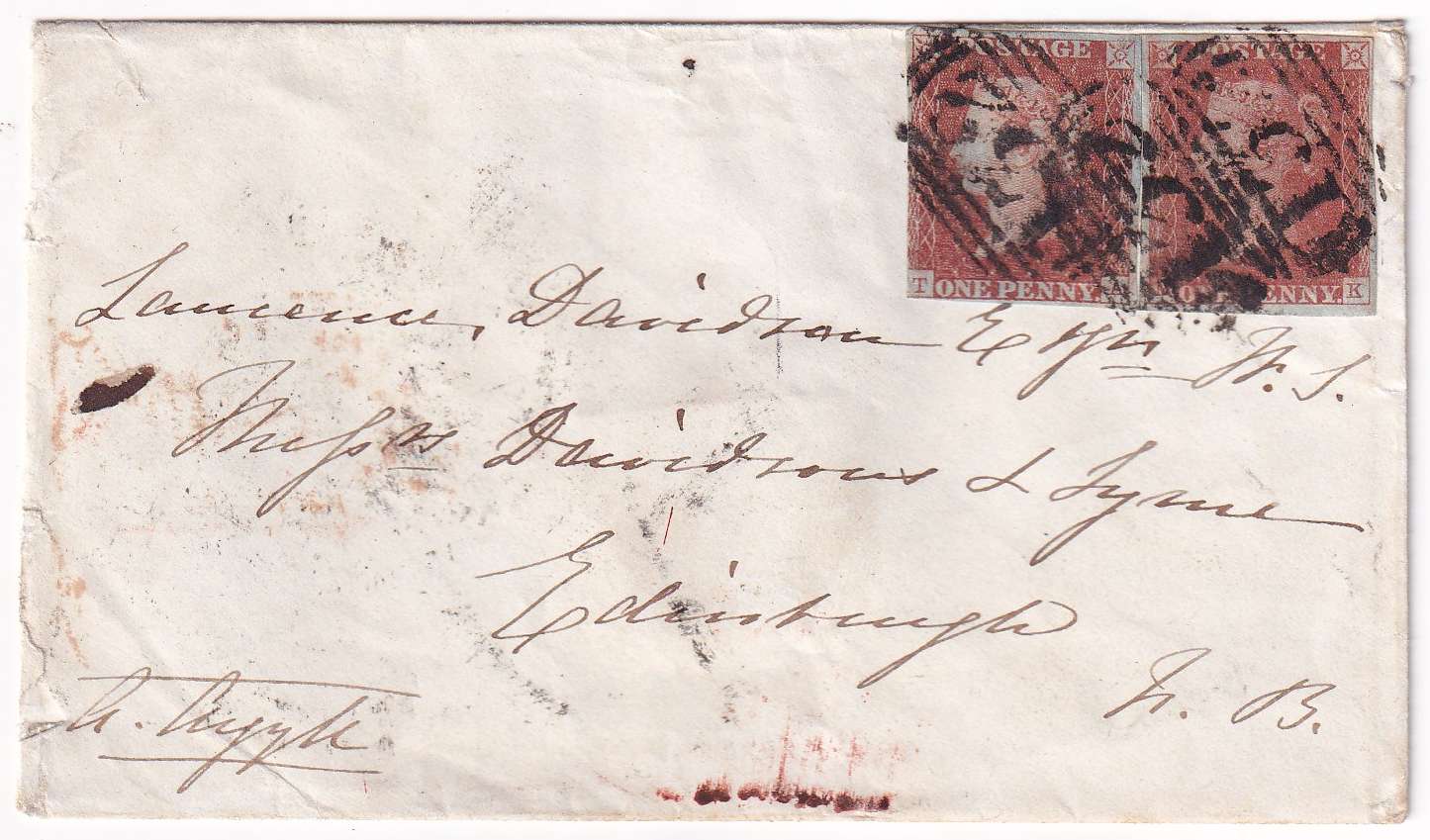 Great Britain 1844 — Envelope with Scott 3, two singles tied by numeral "132" cancel, Brighton to Edinburgh