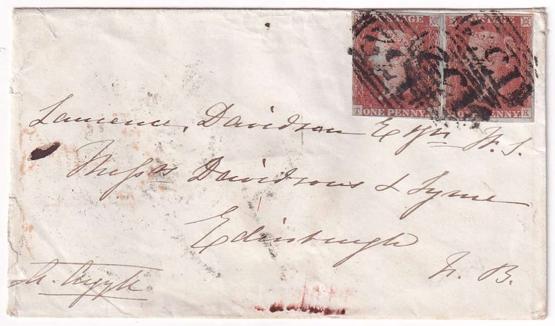 Great Britain 1844 — Envelope with Scott 3, two singles tied by numeral "132" cancel, Brighton to Edinburgh