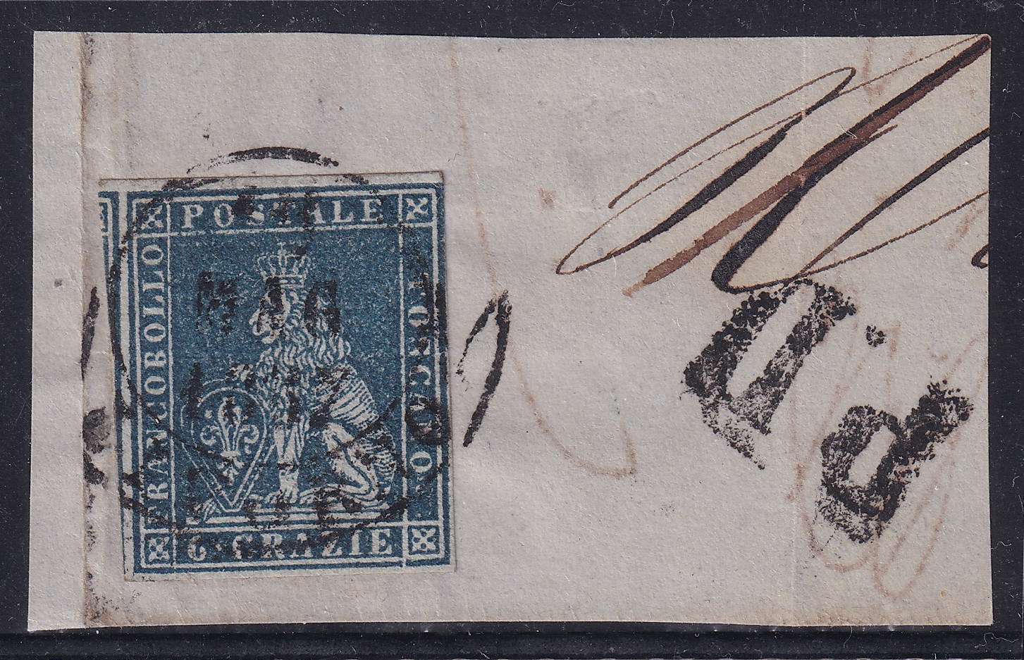 Italy 1851 — Scott 7 on piece used by "Livorno" Mag 1857 with "P.D" alongside