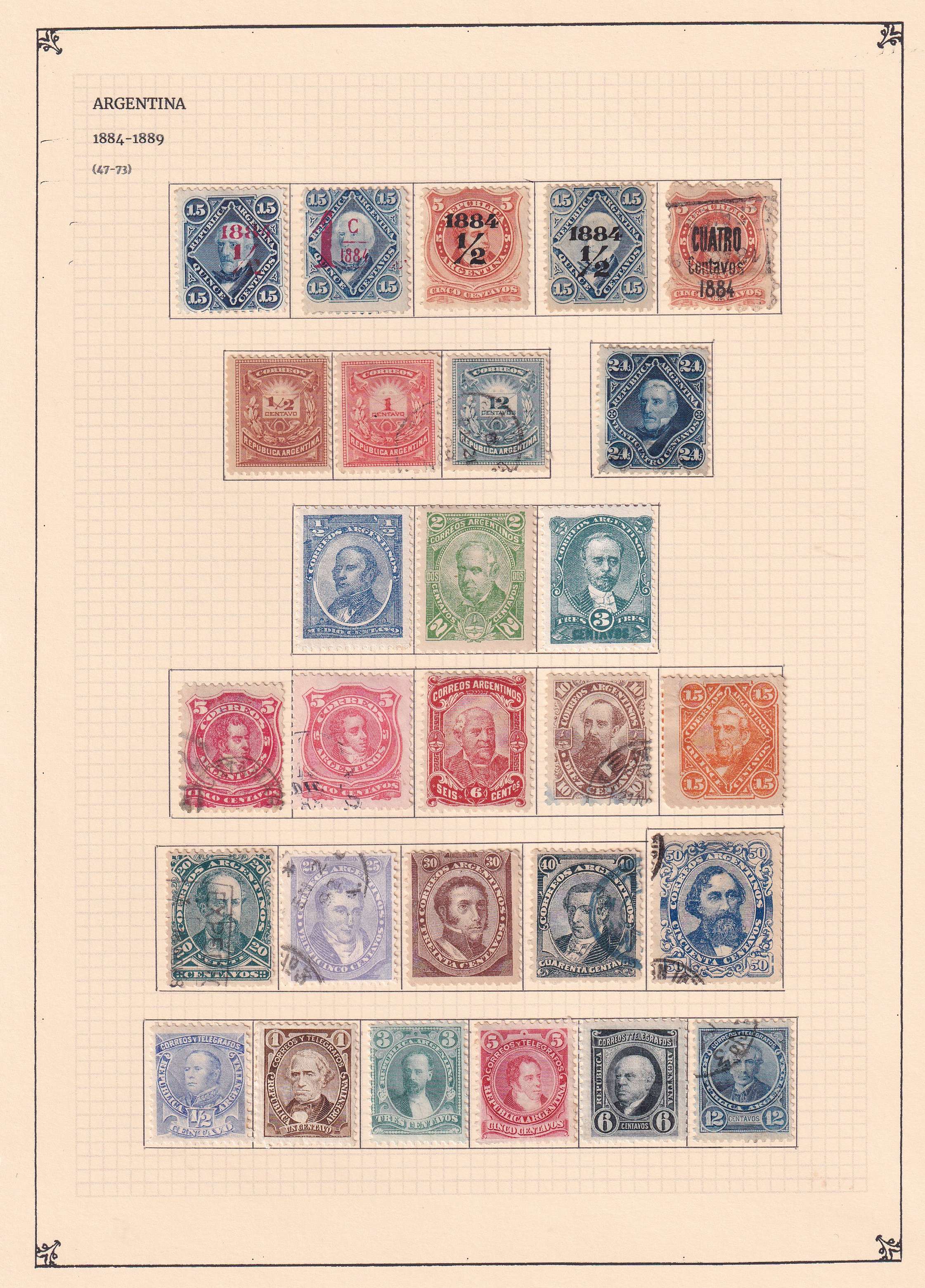Argentina 1867 — Scott 18 thru 91 chiefly complete on 3 album pages with 75 stamps