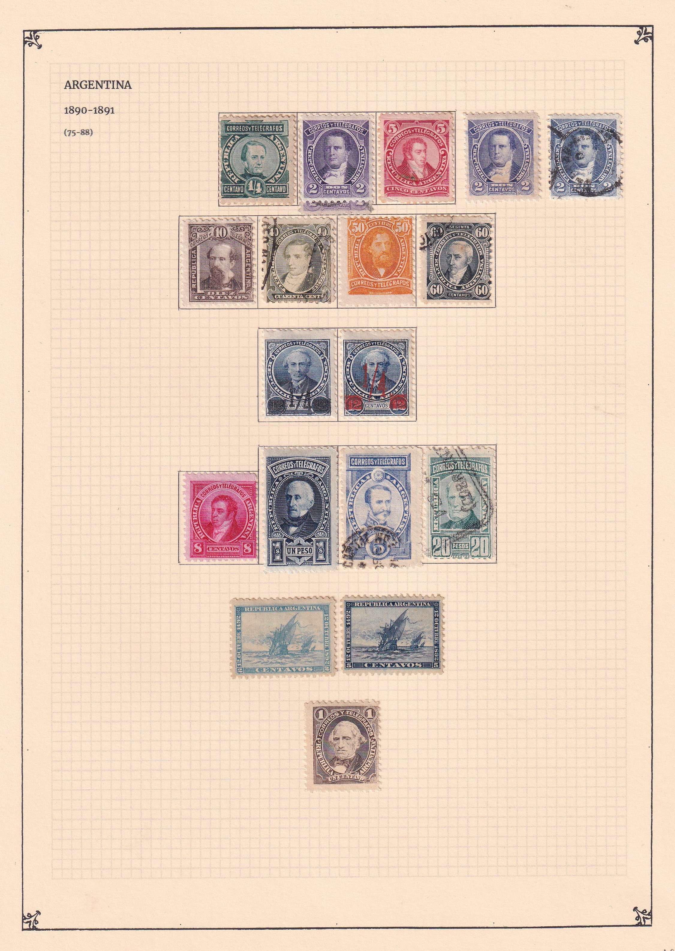 Argentina 1867 — Scott 18 thru 91 chiefly complete on 3 album pages with 75 stamps