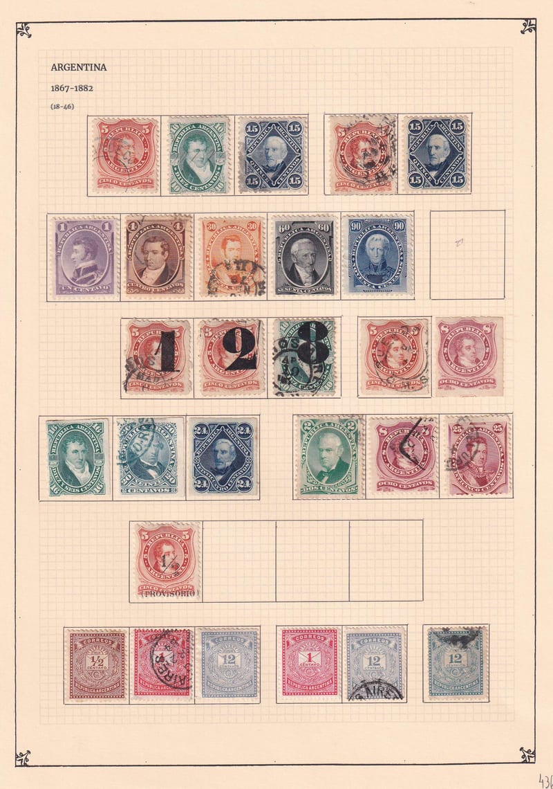 Argentina 1867 — Scott 18 thru 91 chiefly complete on 3 album pages with 75 stamps