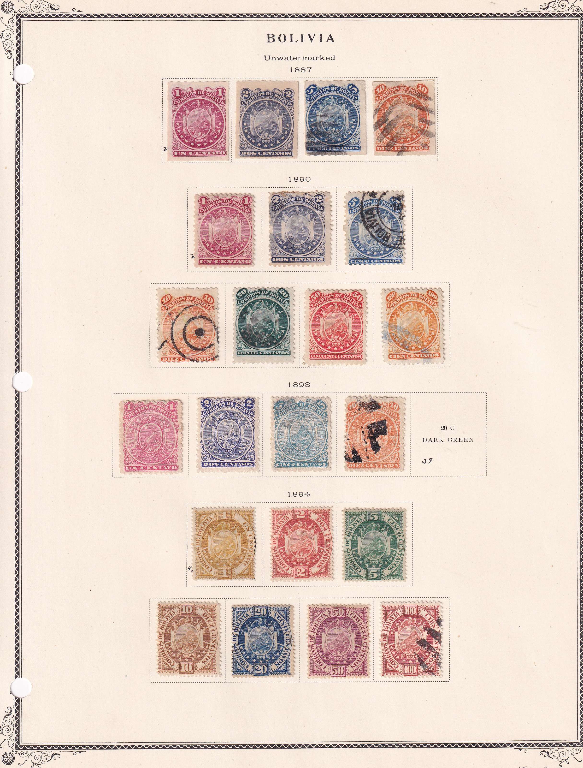 Bolivia 1866 — Collection on 3 album pages with 1 thru 68, not complete