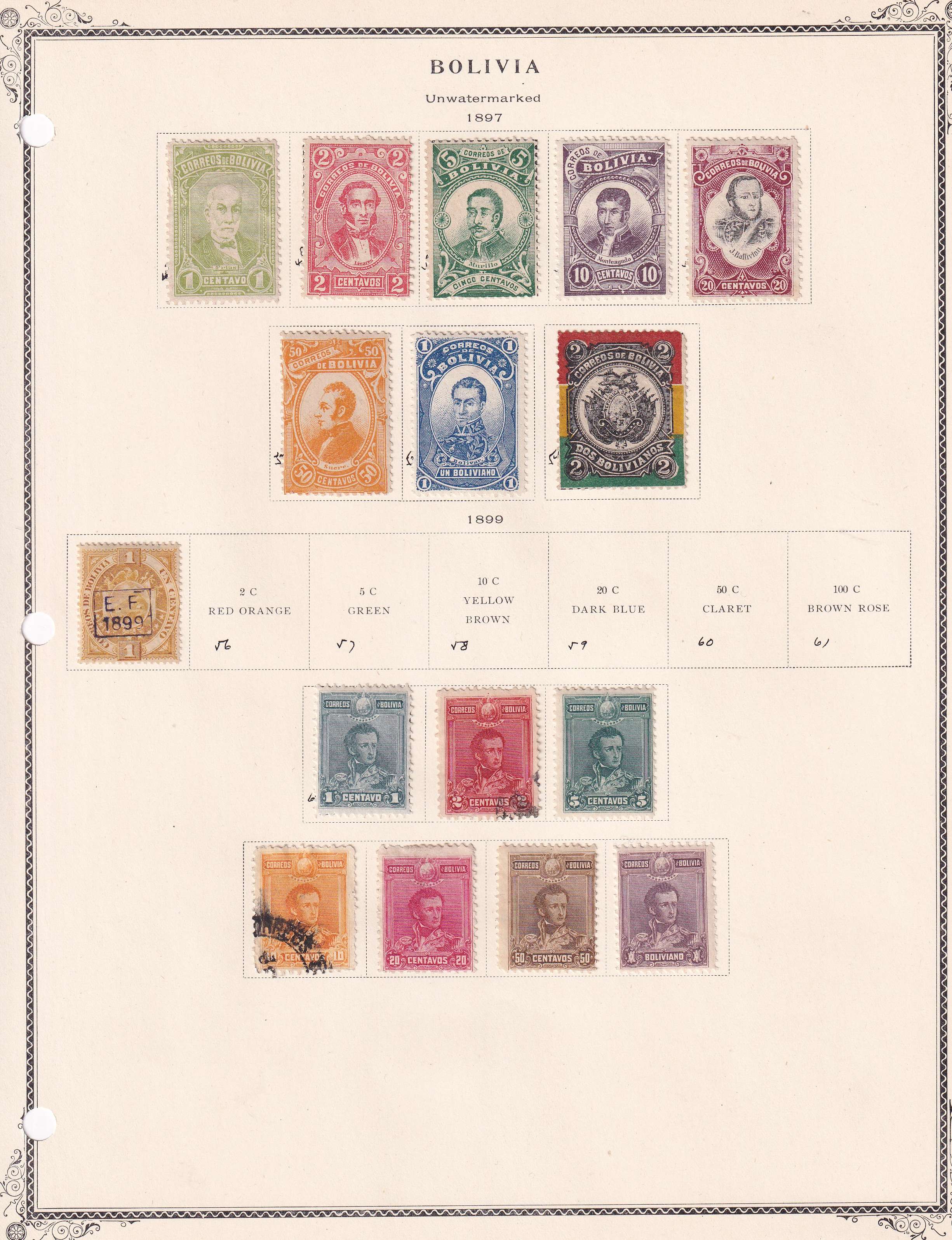 Bolivia 1866 — Collection on 3 album pages with 1 thru 68, not complete