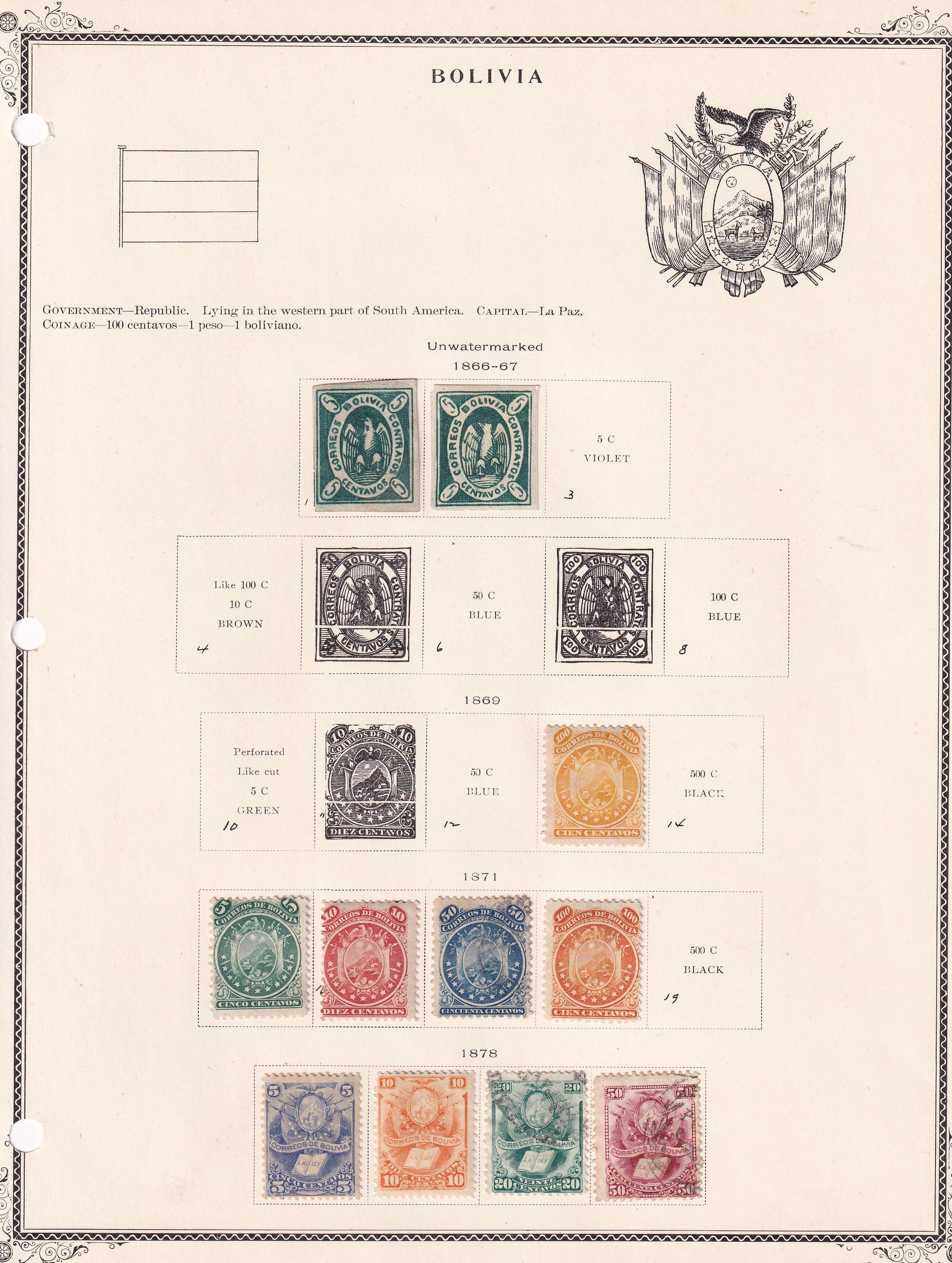 Bolivia 1866 — Collection on 3 album pages with 1 thru 68, not complete