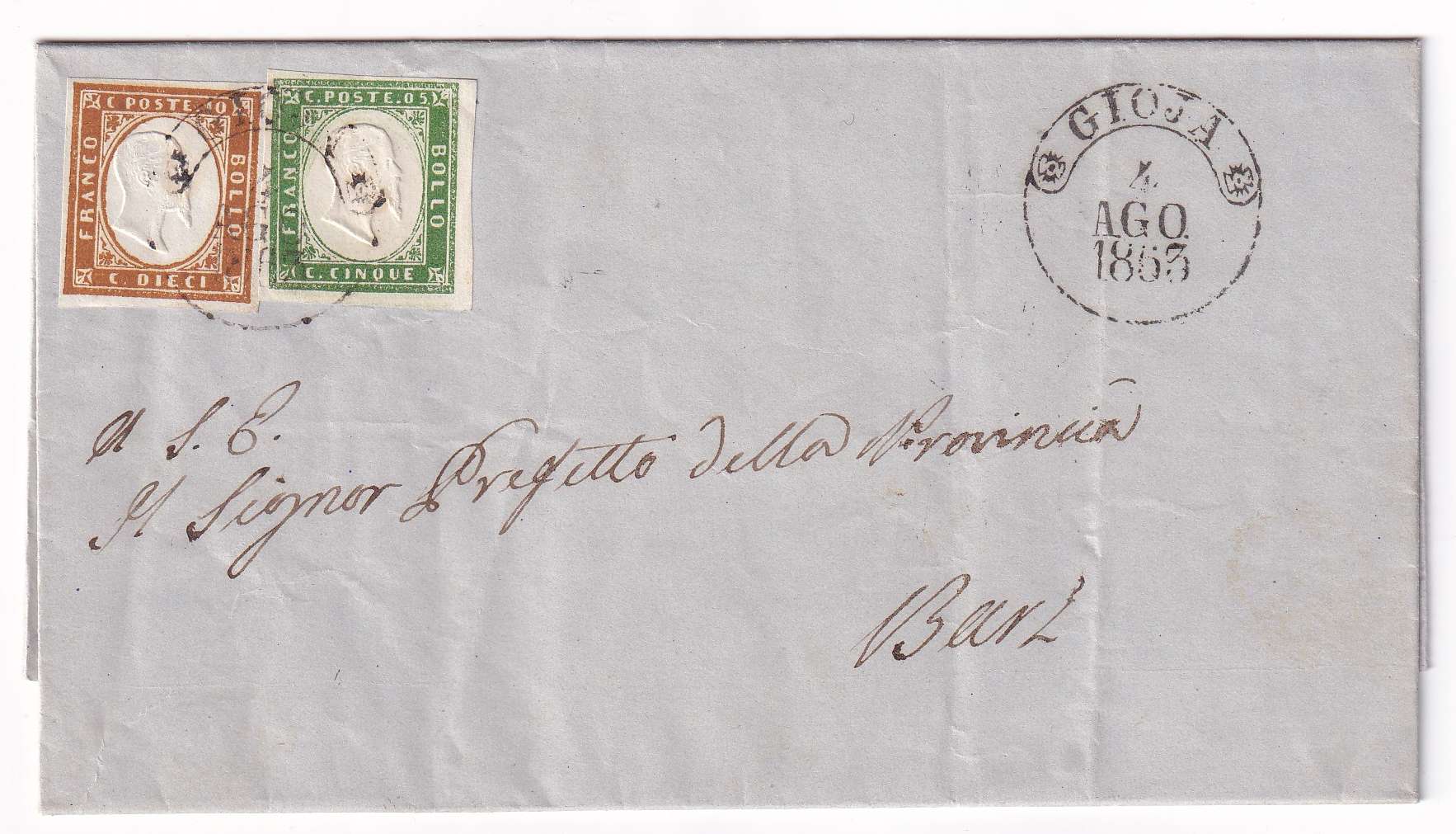 Italy 1863 — Scott 10 & 11 on entire letter sheet tied by "Gioja" 4 Ago 1863 to Bari with arrival at…