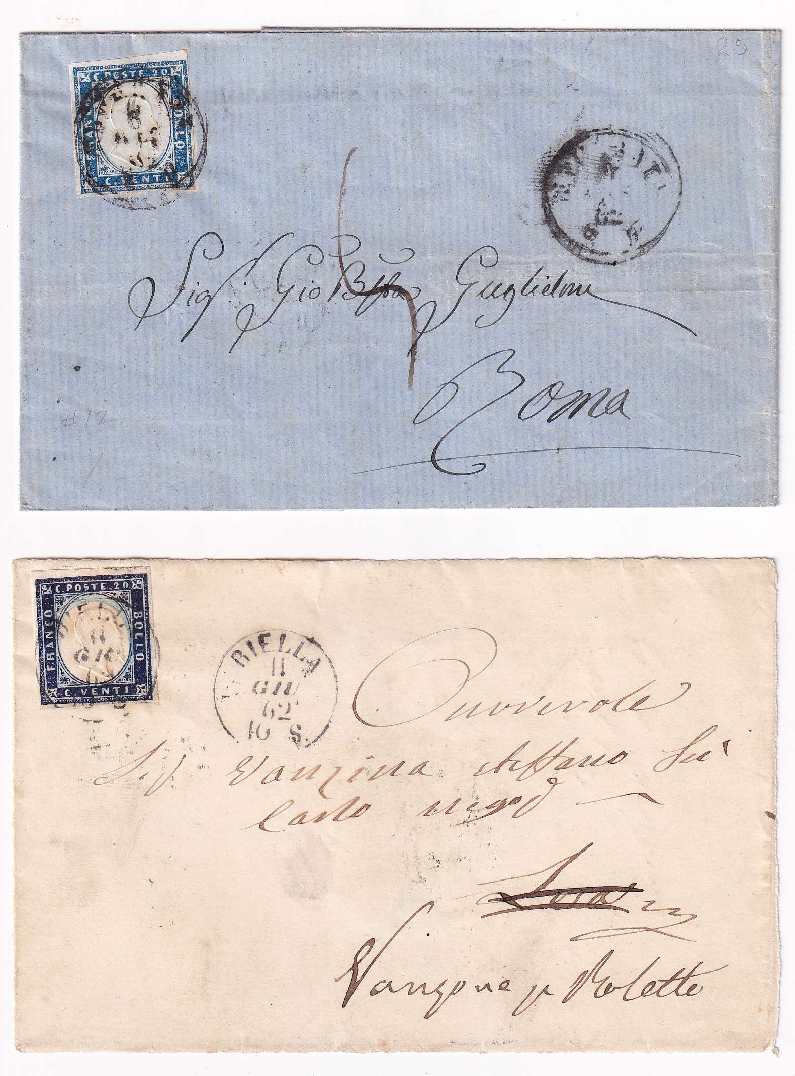 Italy 1861 — Group of 4 covers & one front with Scott 12, 12a or 12b with S
