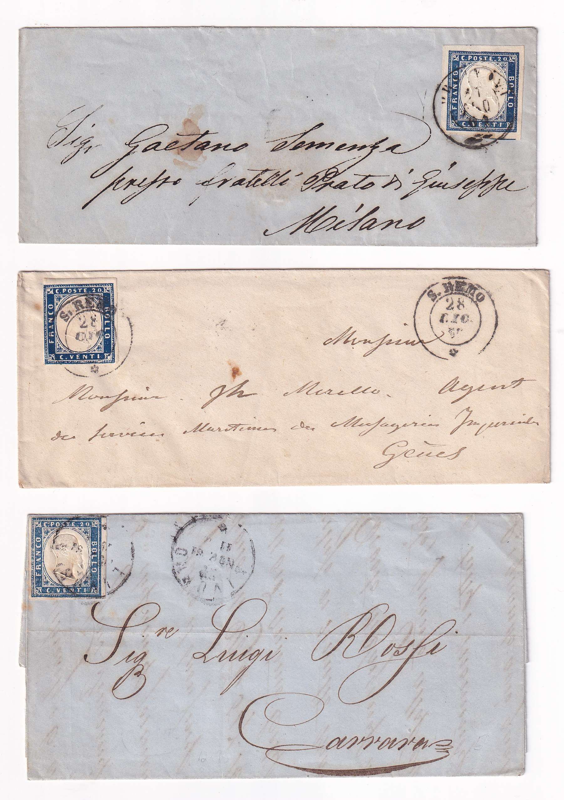 Italy 1861 — Group of 4 covers & one front with Scott 12, 12a or 12b with S