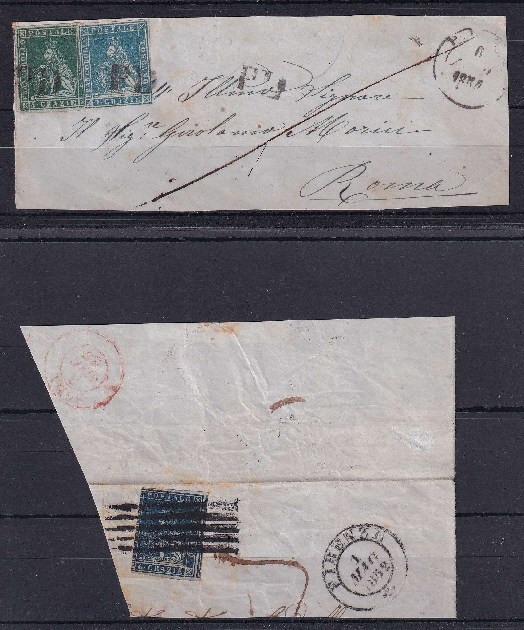Italy 1852 — Scott 5 & 6 on front cover tied by "PD" + Pisa cds alongside to Roma