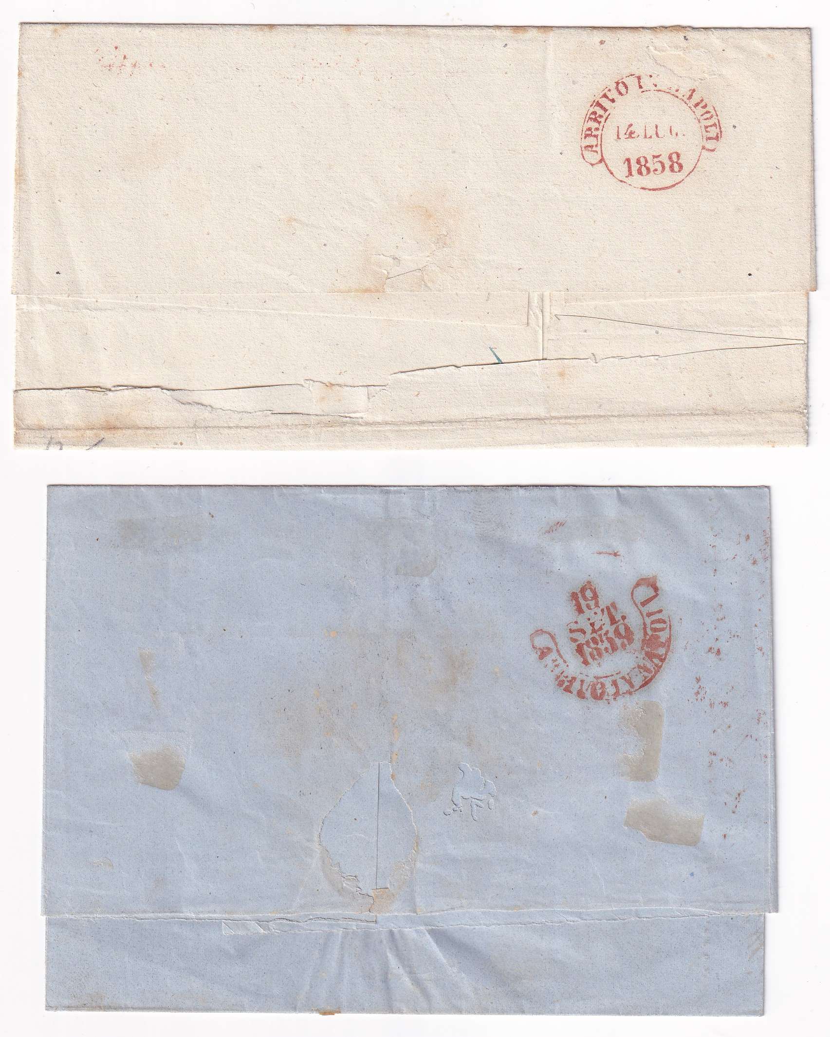 Italy 1859 — Scott 3, pale lake & 3b, lake, on separate letter sheet from Bari & other red cancel both…