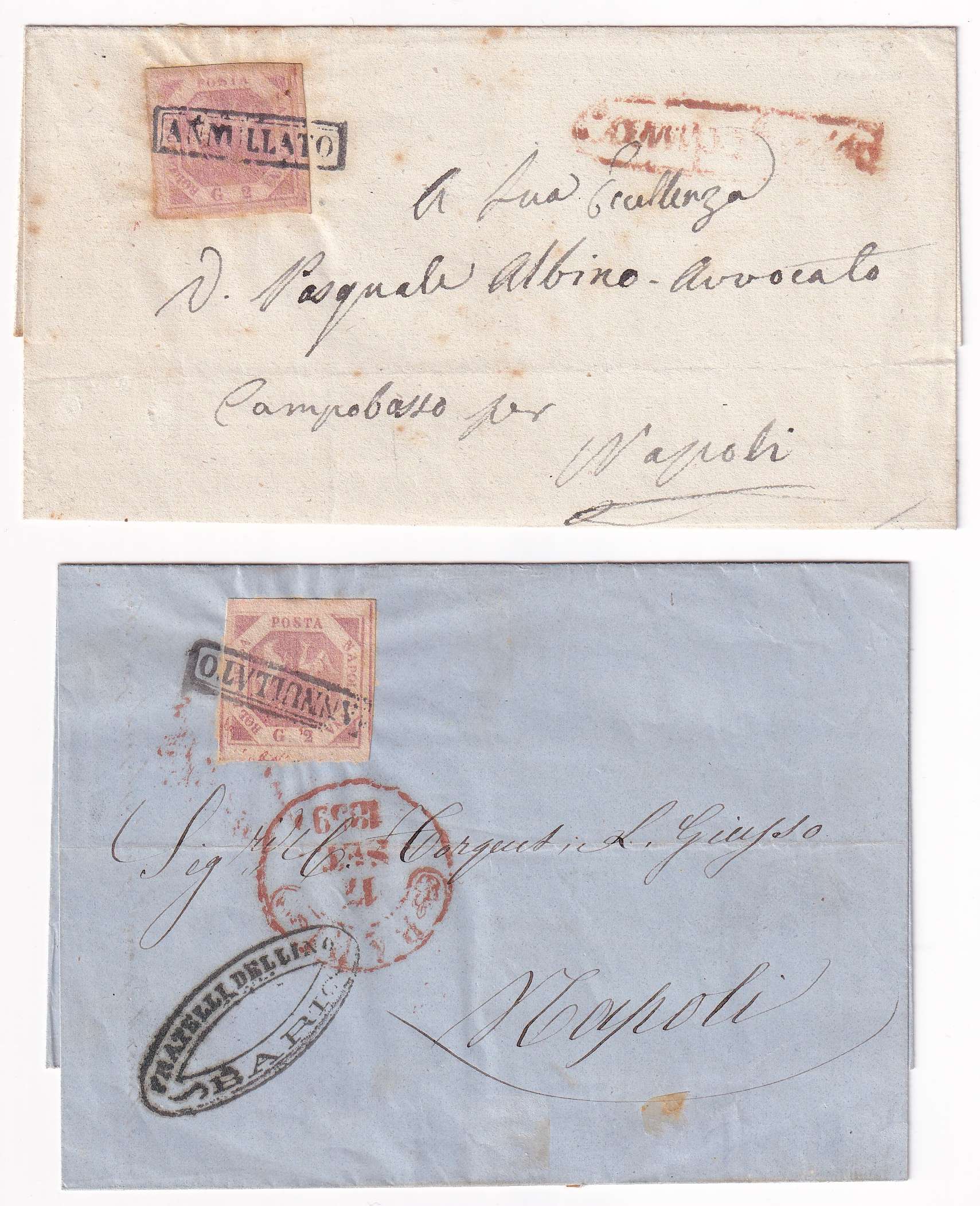 Italy 1859 — Scott 3, pale lake & 3b, lake, on separate letter sheet from Bari & other red cancel both…