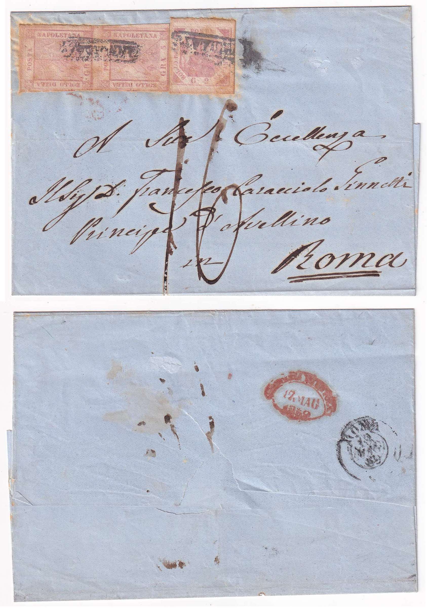 Italy 1859 — Scott 3a & 4a pair on letter sheet tied by Annullato to Rome with "16" manuscript rate &…