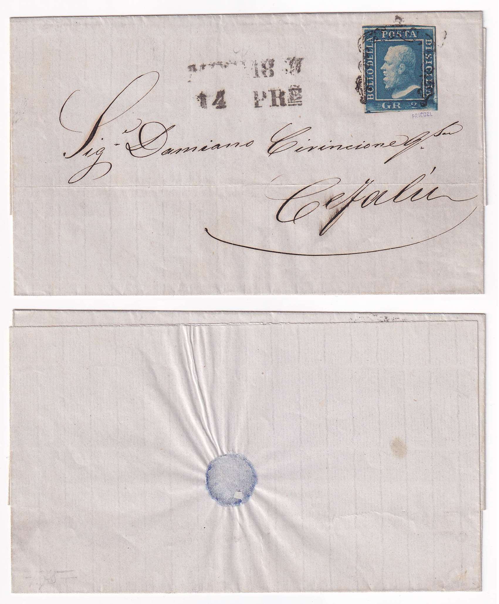Italy 1859 — Scott 13 blue, on letter sheet dated 14 August, 1859 in Mezina to Cefali