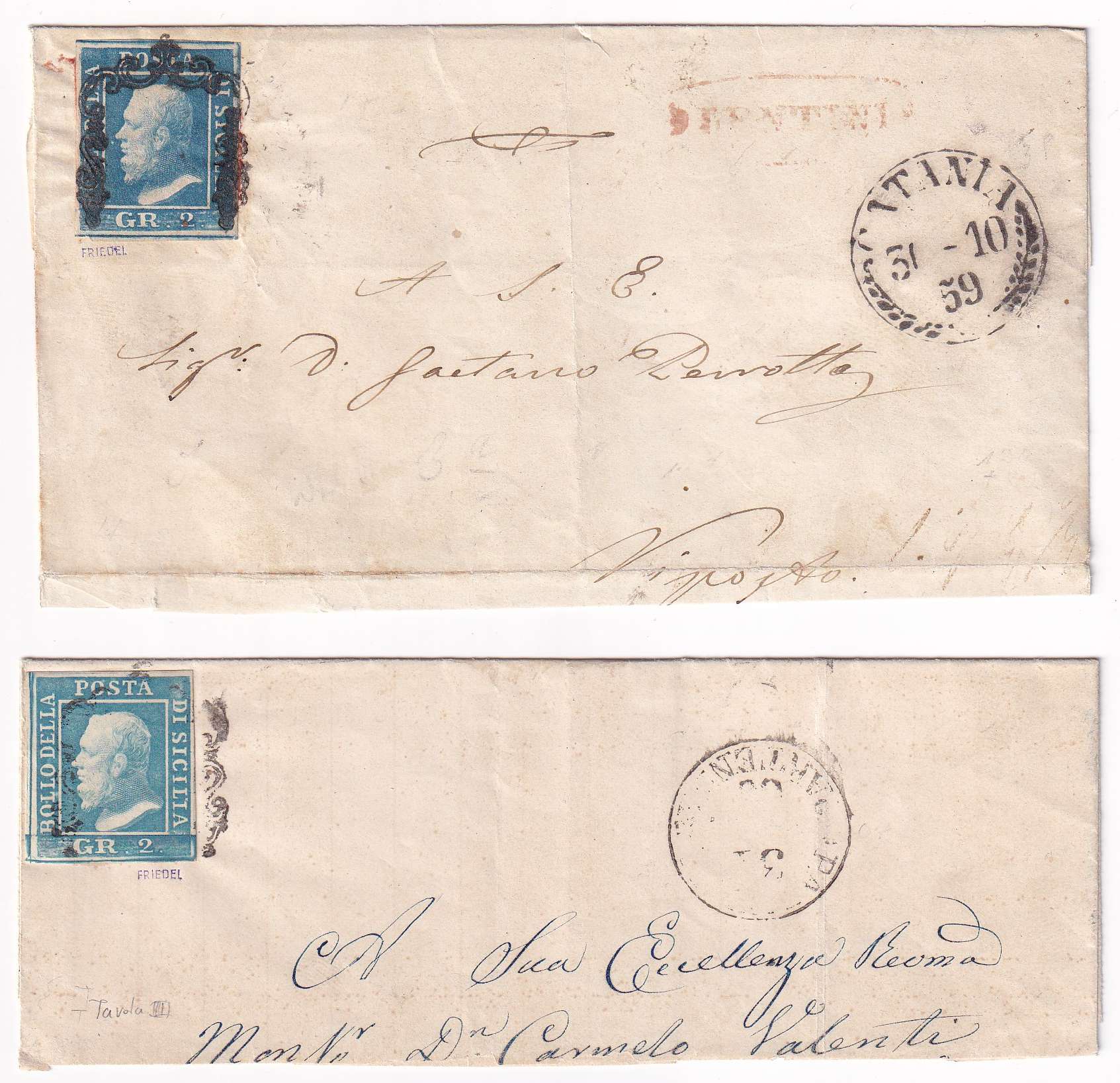 Italy 1859 — Scott 13 blue & 13d ultramarine on separate part letter sheet or large piece
