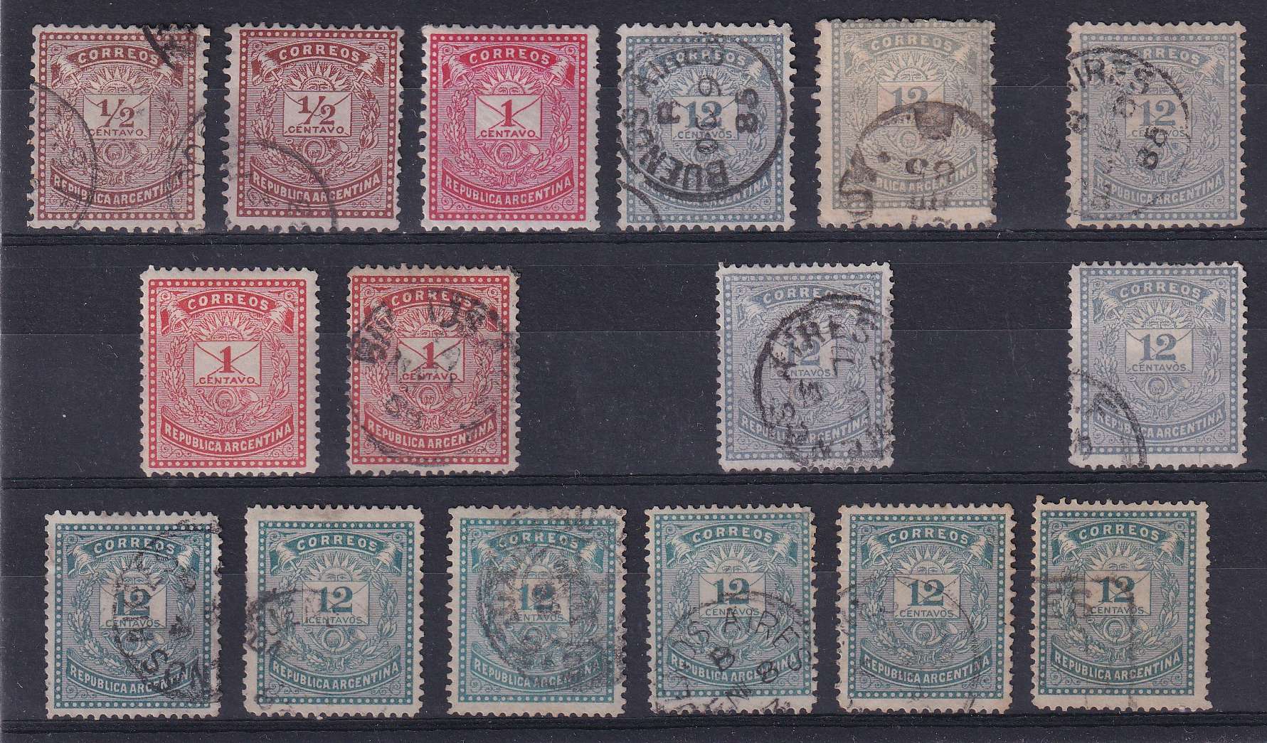 Argentina 1882 — Scott 43-46 + two Scott unlisted, GJ # 63a & 65a, "2" without tail