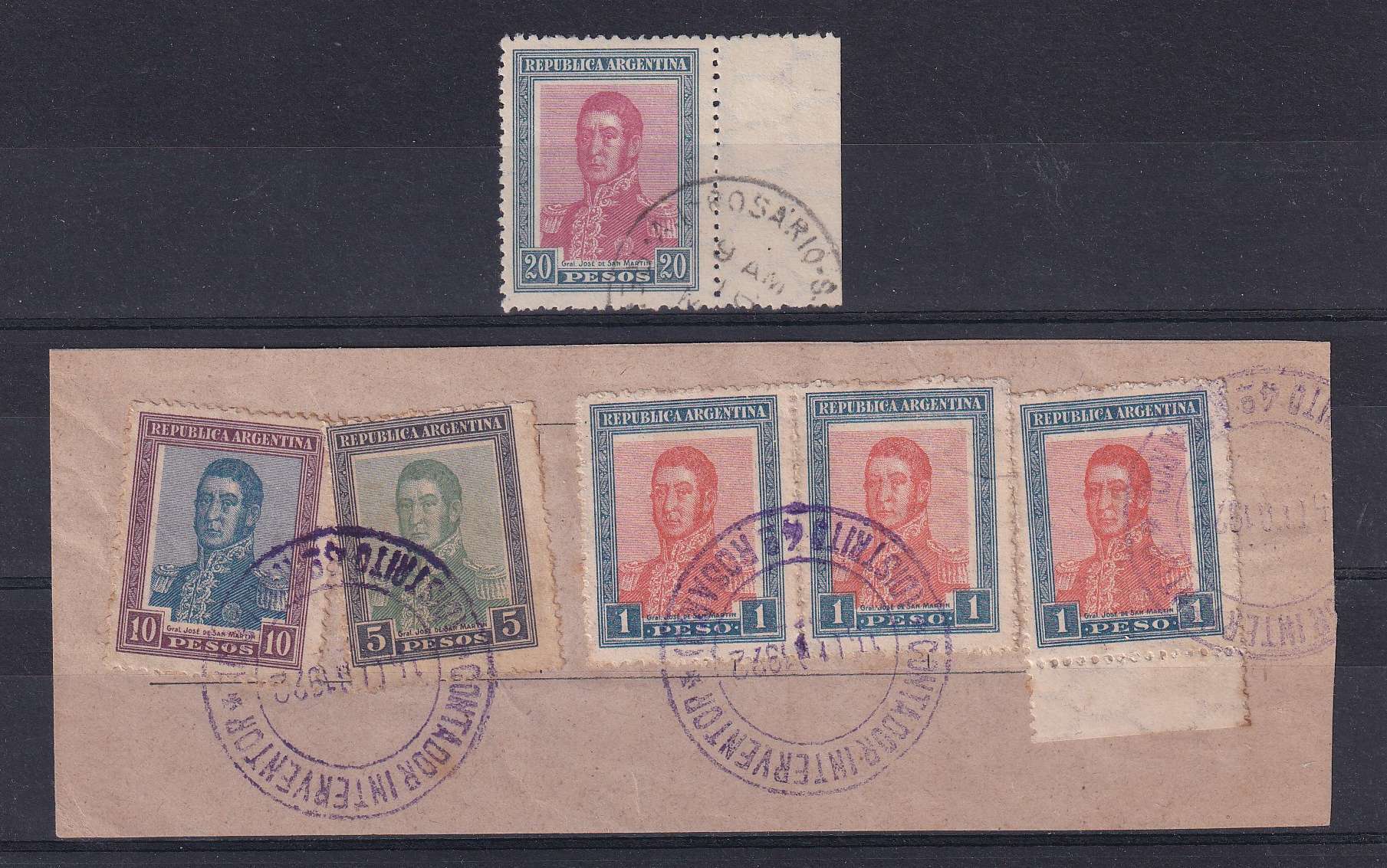 Argentina 1917 — Scott 243 (3x), 244 & 245 on piece +Scott 246 top values, marginal single used