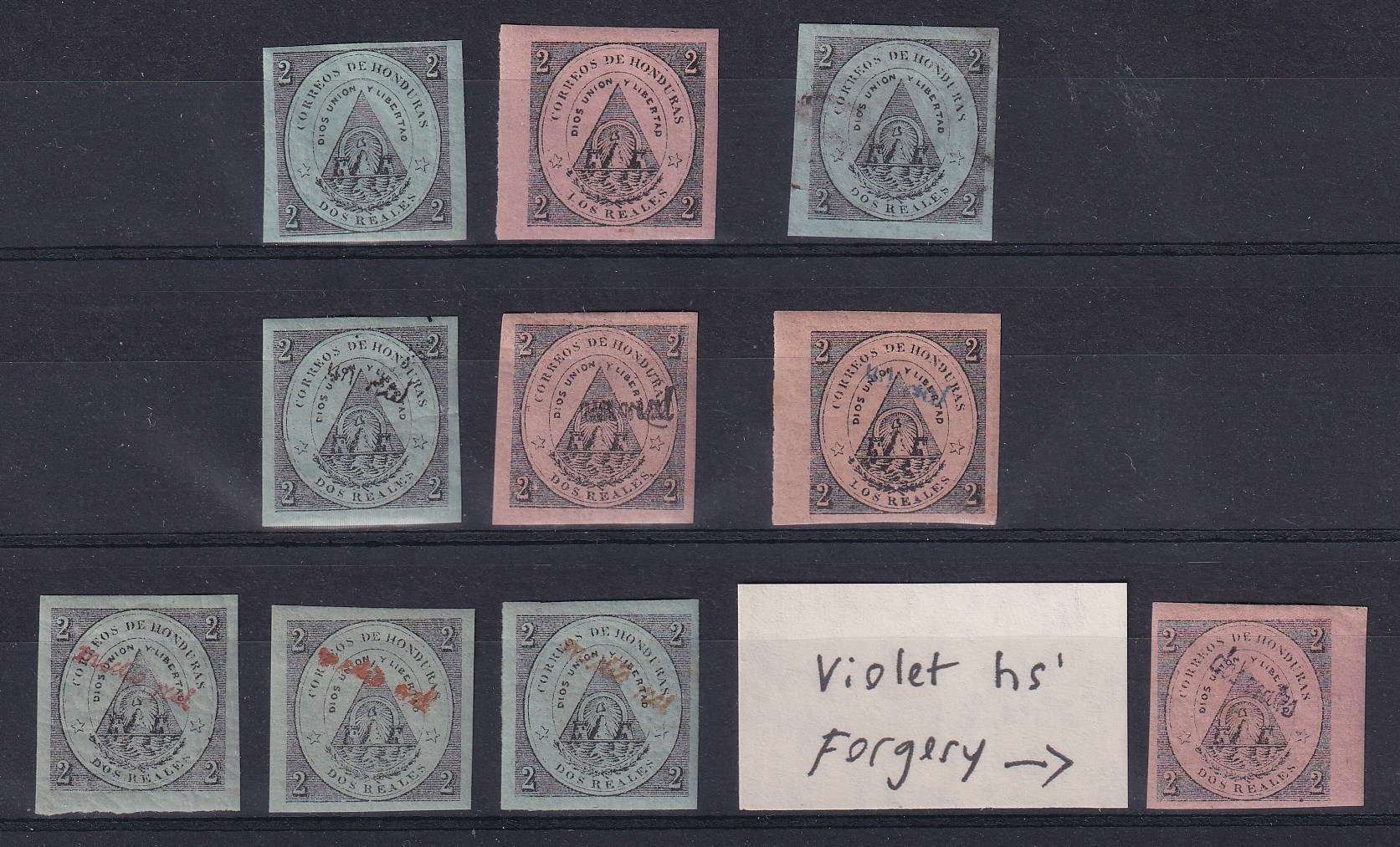 Honduras 1865 — Scott 1-2, 13-14, 20 & 24 (3x) + a forged violet handstamp enclosed for reference