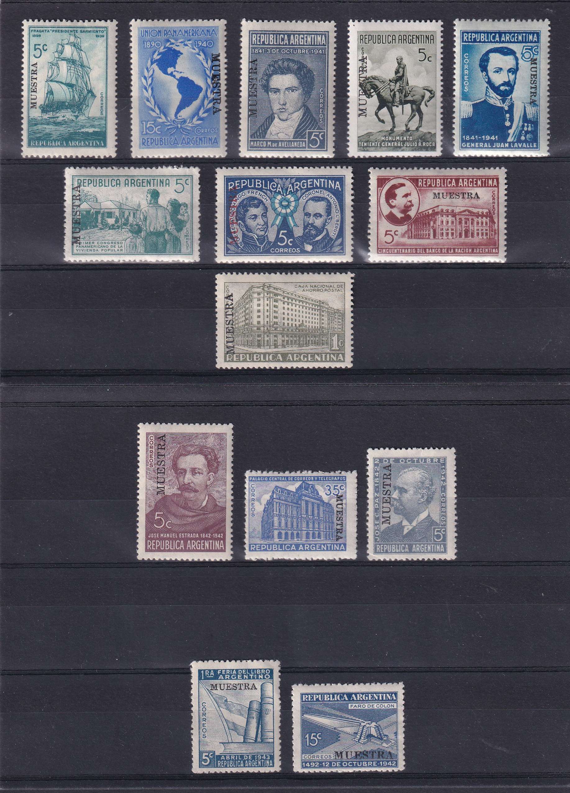 Argentina 1939 — Group of 14 singles overprinted "Muestra" (Specimen)